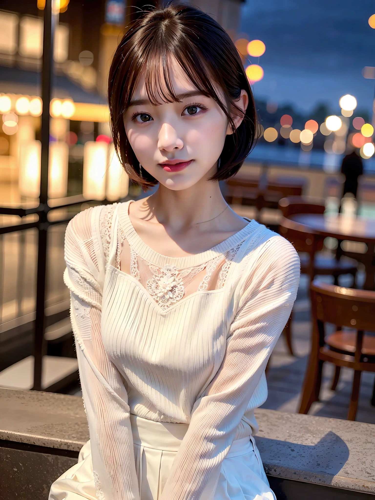 (8k, best quality, masterpiece:1.2), (realistic, photo-realistic:1.37) highres, ultra-detailed, 1 girl asian, cute, cute face, solo, short hair 1.2, textured skin, beautiful smile, beautiful detailed sky, detailed cafe, night, cinematic lighting, depth of field, lens flare
light, sitting, dating, (nose blush), (smile:1.15), (closed mouth) small breasts, beautiful detailed eyes, (sweater:1.1), night, wet, business attire, rain, white lace, (short hair:1.2), floating hair NovaFrogStyle,