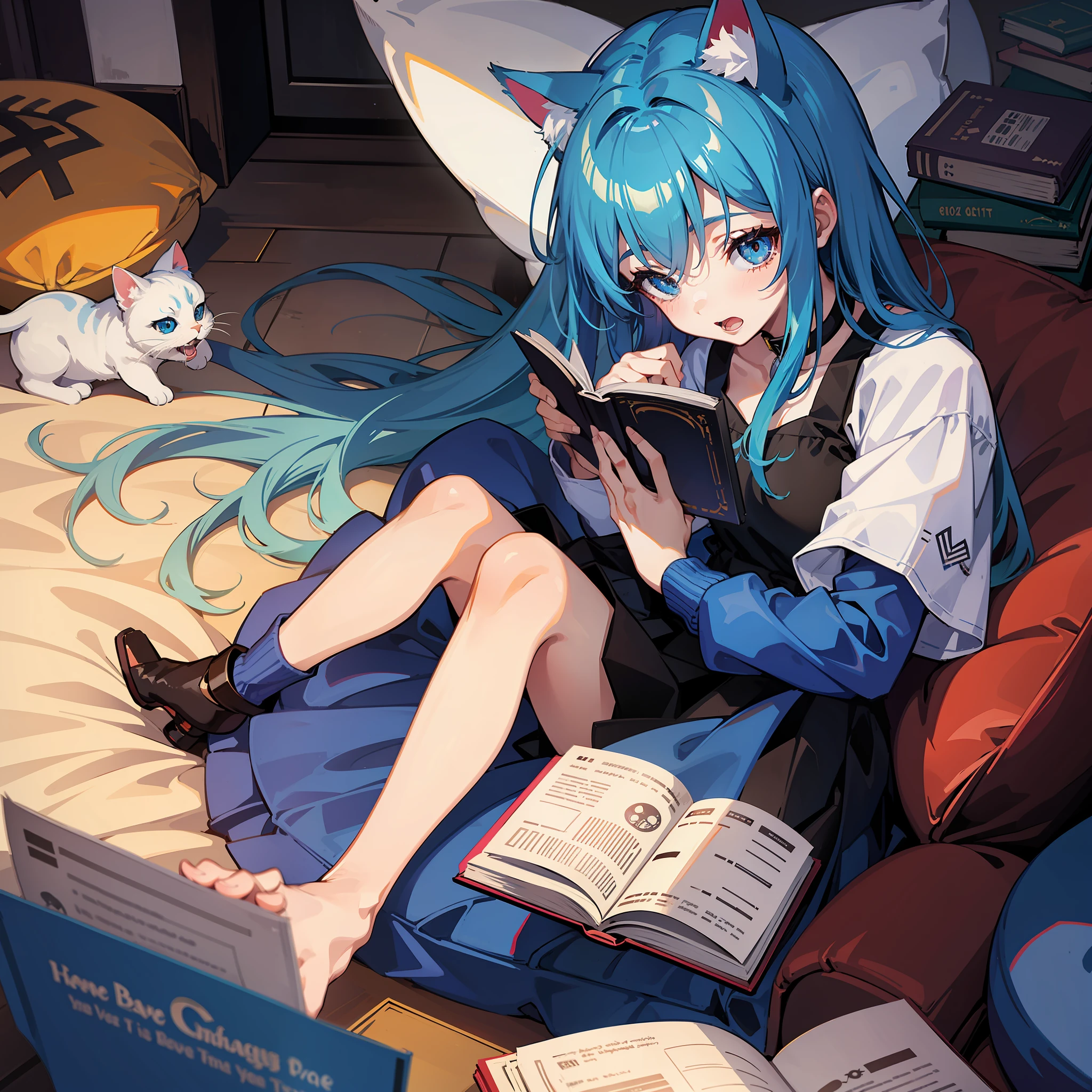Chat GPT, , girl, blue hair, cat ears, reading a book, open mouth, naturally