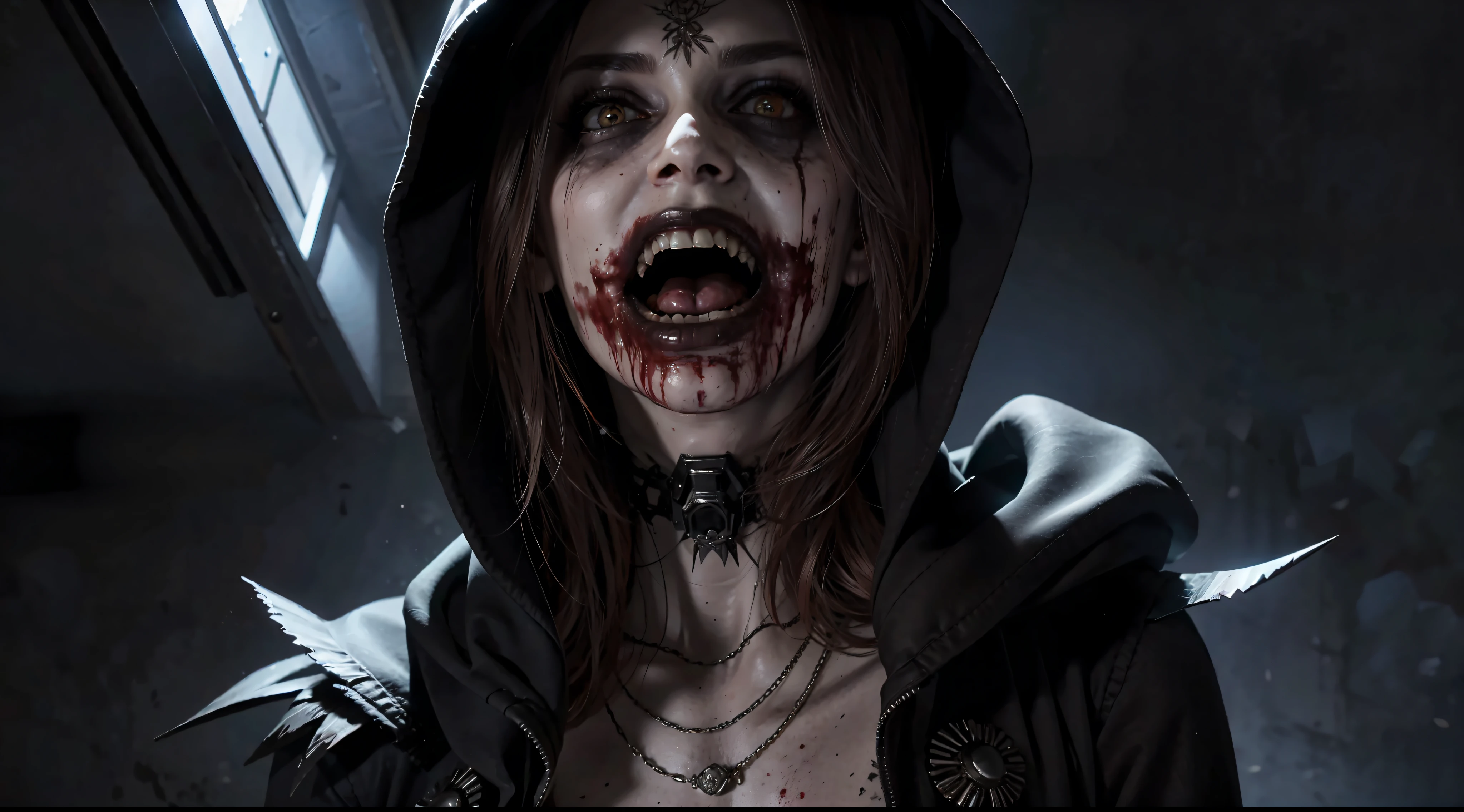 (RAW photo, best quality), (realistic, photo-realistic: 1.3), extremely terrific, masterpiece, ultra-detailed, highres, best illustration, best shadow, intricate, depth of field, horror, scary, scary, scary, horrifying, solo, 1girl, dirty hair, (scary eyes), evil insane eyes, insane monster smile with sharp teeths, looking at the viewer, black torn clothes, hood, blood, bloody, insane expression, sharp focus, volumetric mist, 8k UHD, DSLR, high quality, (film grain: 1.4), Fujifilm XT3, darkness, night