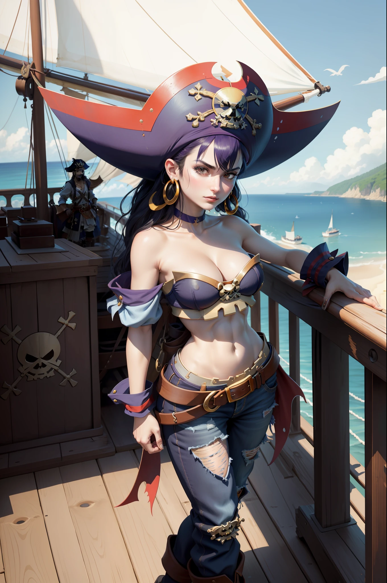 masterpiece, best quality, risky, blue skin, pirate hat, choker, wrist cuffs, hoop earrings, bustier, belt, Ripped Jean pants, elegent boots, (standing on the deck of a pirate ship), looking at the sea, hardy pirate facial expression, furrowed brow, hyperrealistic detailed full body wide shot, masterpiece perfectionism, highly detailed pirate ship, wearing traditional black pirates hat, Beautiful detailed exotic parot on shoulder
