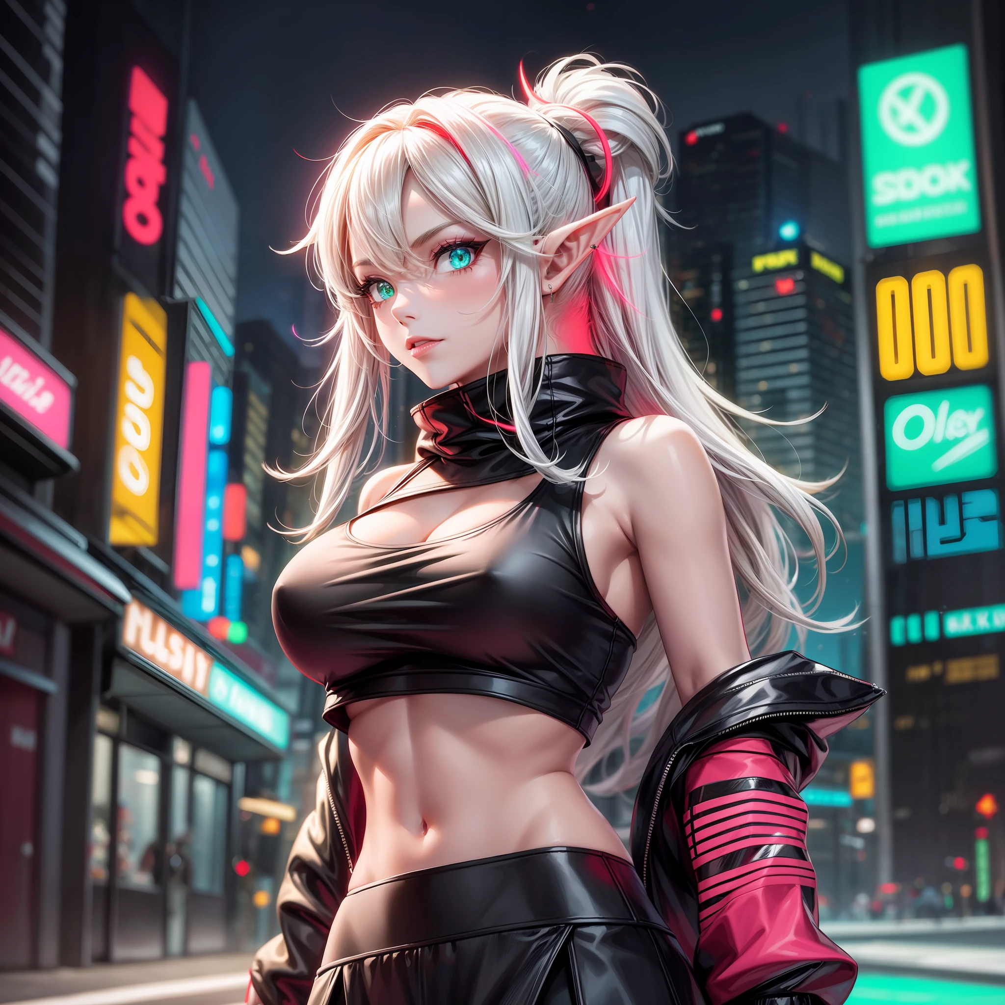 a milf elf in a sleeveless crop top hoodie(black, with neon red design) and skirt, neon city, night time, walking towards viewer,