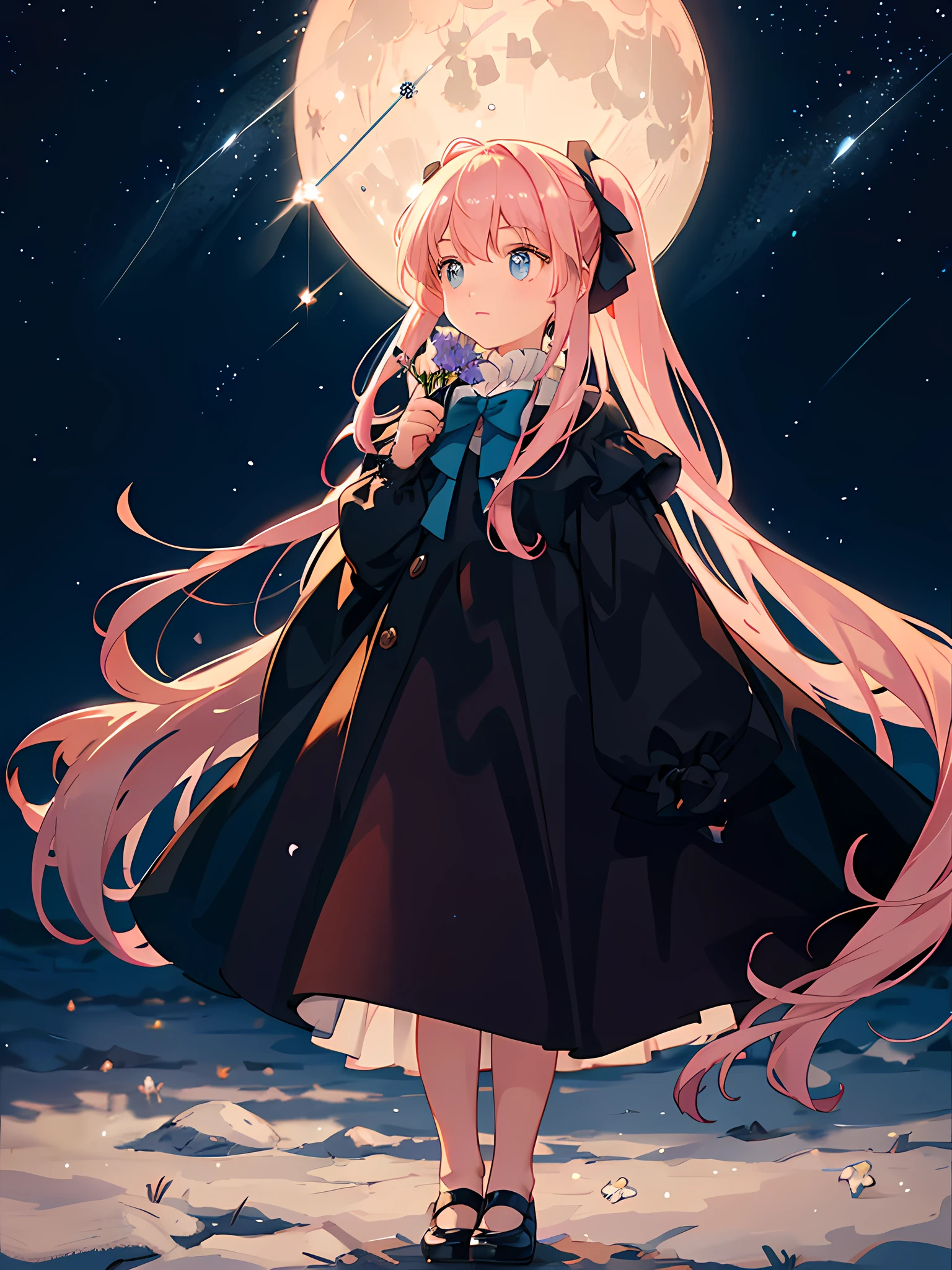Starry sky background, a girl facing the moon, standing little girl, looks like the little girl is far away, little girl holding flowers in her hand, girl looking up at the starry sky, little girl is very short, double ponytail with bow on it, big moon in the sky, there are starry sky clouds, creating a romantic atmosphere, there is love, flowers, romantic Valentine's Day atmosphere, girl back, long hair fluttering, girl wearing pink clothes, romantic and warm starry sky scene