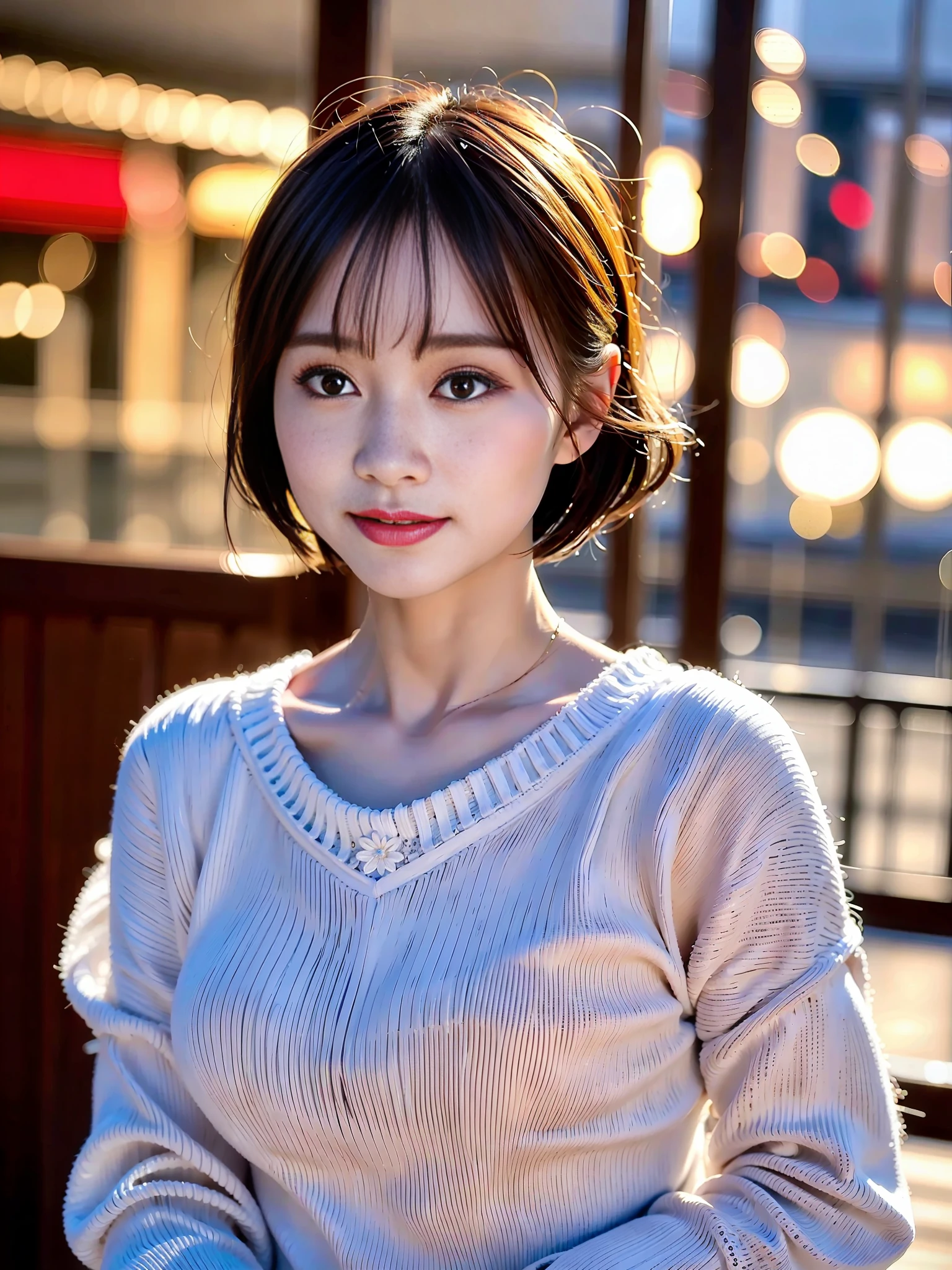 (8k, best quality, masterpiece:1.2), (realistic, photo-realistic:1.37) highres, ultra-detailed, 1 girl asian, cute, cute face, solo, short hair 1.2, textured skin, beautiful smile, beautiful detailed sky, detailed cafe, night, cinematic lighting, depth of field, lens flare
light, sitting, dating, (nose blush), (smile:1.15), (closed mouth) small breasts, beautiful detailed eyes, (sweater:1.1), night, wet, business attire, rain, white lace, (short hair:1.2), floating hair NovaFrogStyle,