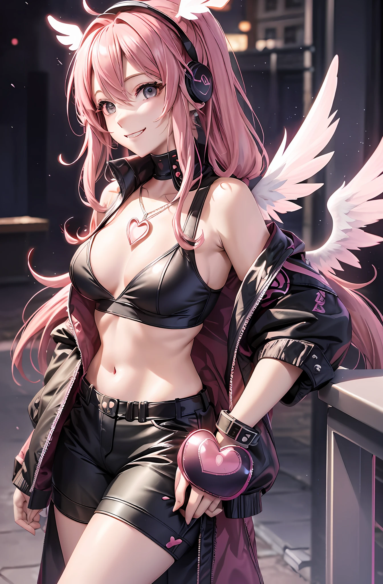 Pink hair. Long hair. Pigtails. Long pants that are cut off. Parka. Earring. Angel wings. Heart-shaped vacant chest. Heart logo. A big smile. Game Center. Headphone. White wings. Navel. Futomo. Navel out. Cover the camp.