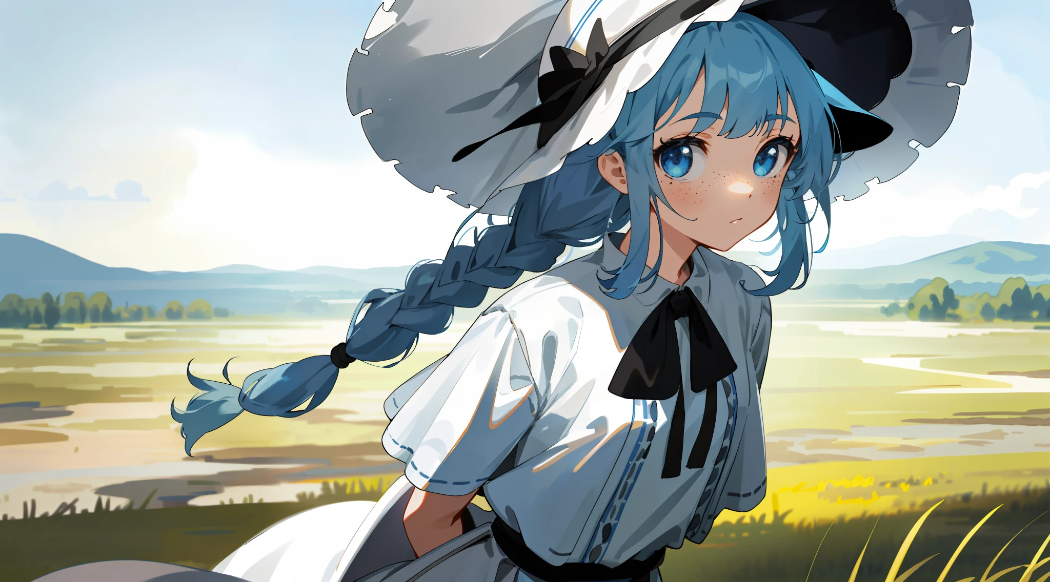 cowboy shot,upper Body,vision,panoramic views,a wide shot,Depth of view,Fluoroscopy,cinematic angle,arms behind back,A Masterpiece,Bestquality,Hyperdetailed,CG,8K wallpaper,Nice face,delicate eyes,One Girl,solo,braids,Blue Eyes,looks at the viewer,shirts,out door,Double braids,bblurry,brond hair,bonnet,blur background,white shirts,short sleeve,sky,freckles,Keep your mouth shut,Bangs,long long hair,sskirt,lifelike,Animal ears,Hair on the shoulders,Depth of view,Beanie,Eyelashes,grass,Animal caps