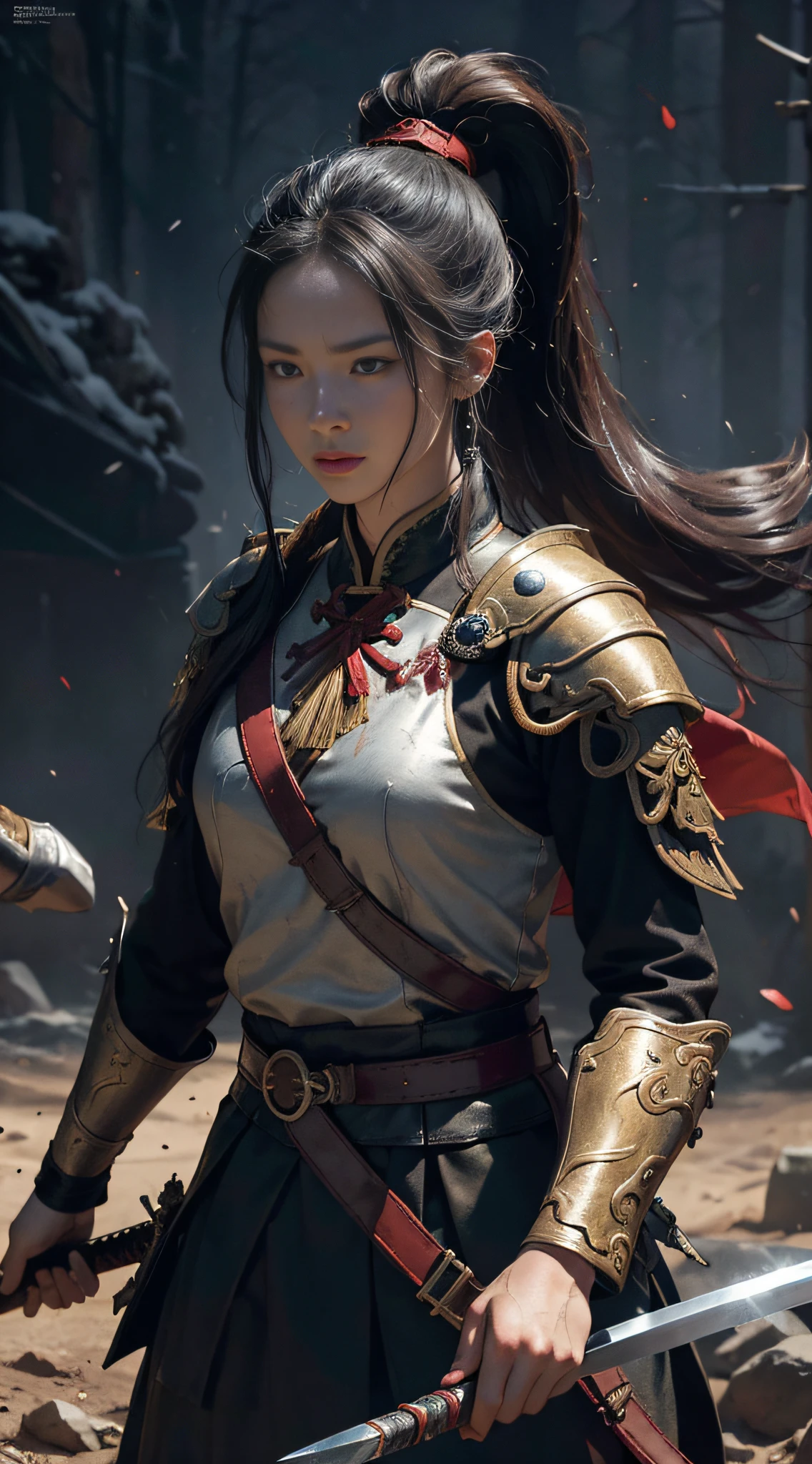 (Positive Focus), (In the Dark: 1), (Best Quality), (Realisticity: 1), Movie Poster, Realistic Skin Texture, Highly Detailed, 8k Wallpaper, Volume Lighting, Dynamic Lighting, A Girl, Long Black Hair, Ponytail, Black Metal Armor, Red Belt, Black Armor, Shoulder Armor, Waist Guard, Hand Guard, Veil, Holding a Long Sword in front of Body, Ancient Chinese Style, Battle Posture, Lots of Bloodstains, Blood Stains on Face, Broken Clothes, Ancient Chinese Battlefield, A Group of Ancient Soldiers Chasing and Killing, Arrows Flying, War, night, dramatic composition, sword qi surrounding, rich picture detail, war, movie lighting,