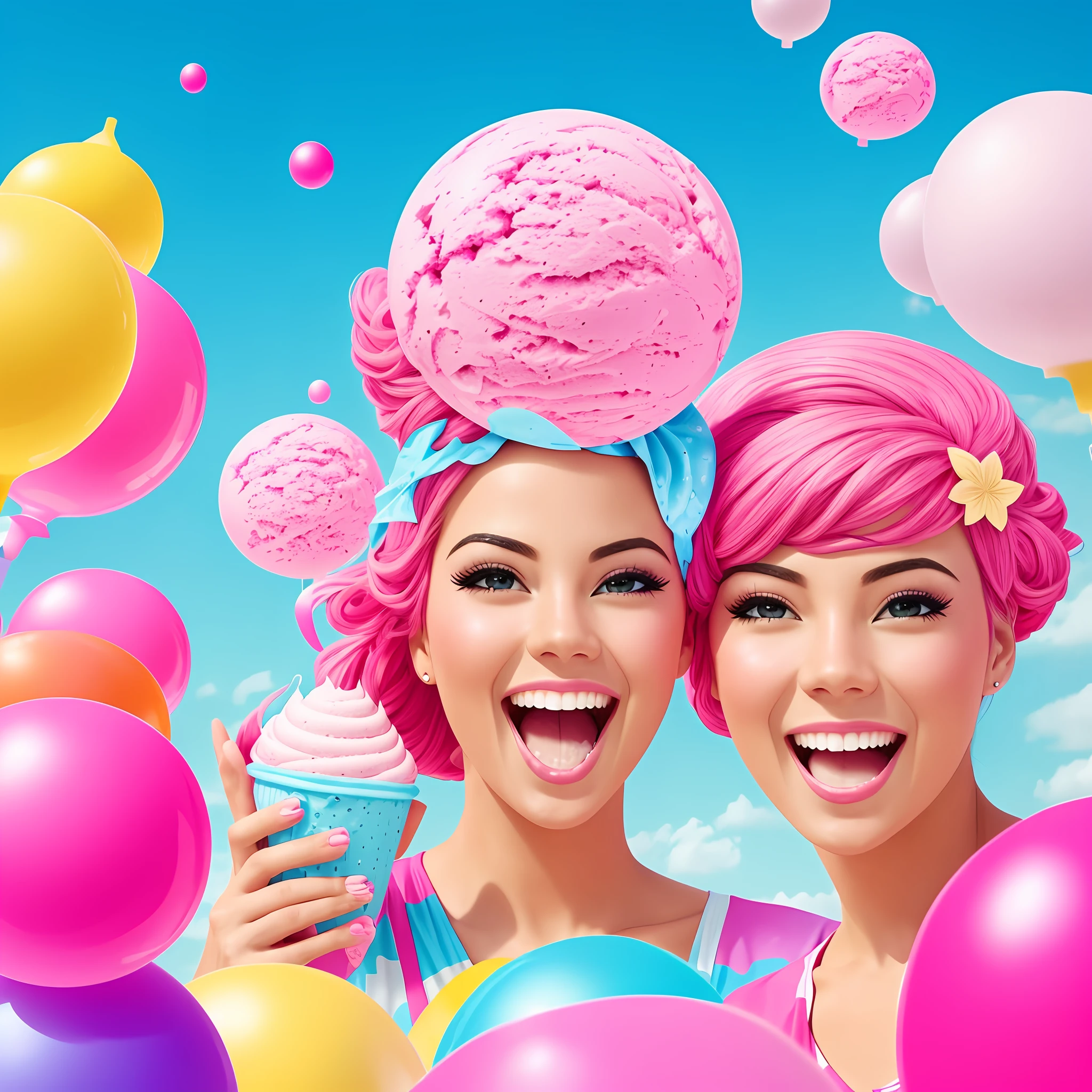 colorful and funny advertising for pink bubble gum ice cream, high detailed, joy, summer --auto --s2