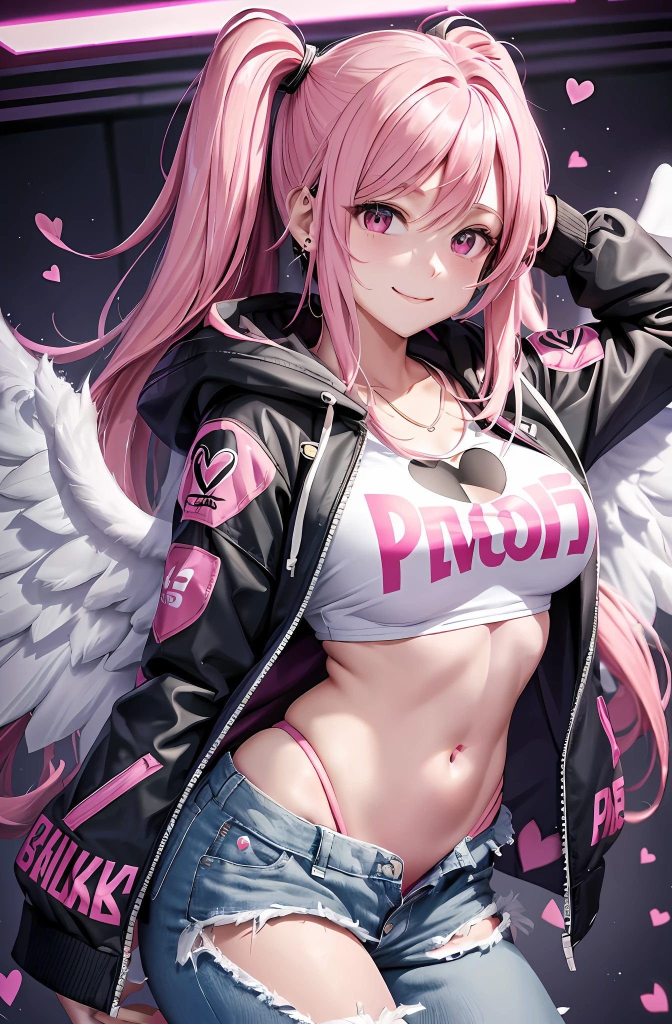 Pink hair. Pigtails. Long hair. Long pants that are cut off. Parka. Earring. Angel wings. Heart-shaped vacant chest. Heart logo. A big smile. Inside the game center. White wings. Navel. Futomo. Navel out. Put on the hoodie hood.