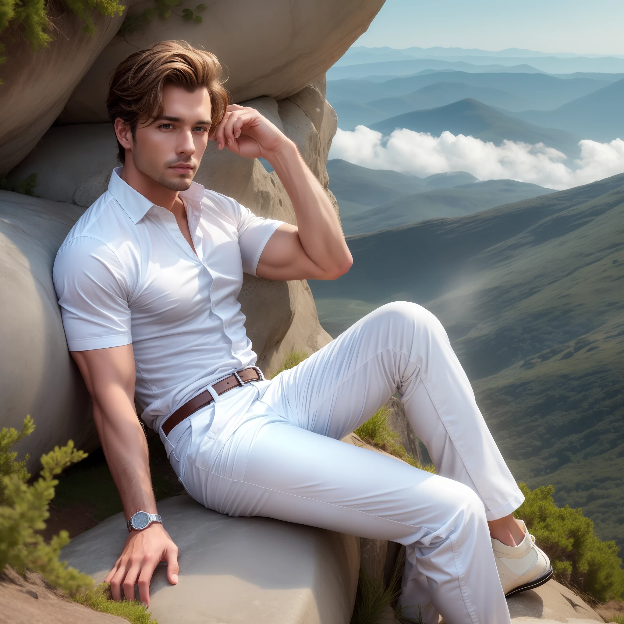 Handsome man wearing white shirt and white pants. He is sitting on a large rock on top of a mountain. From the mountain you can see a large valley. Hyper-detailed. Photorealist. 8k