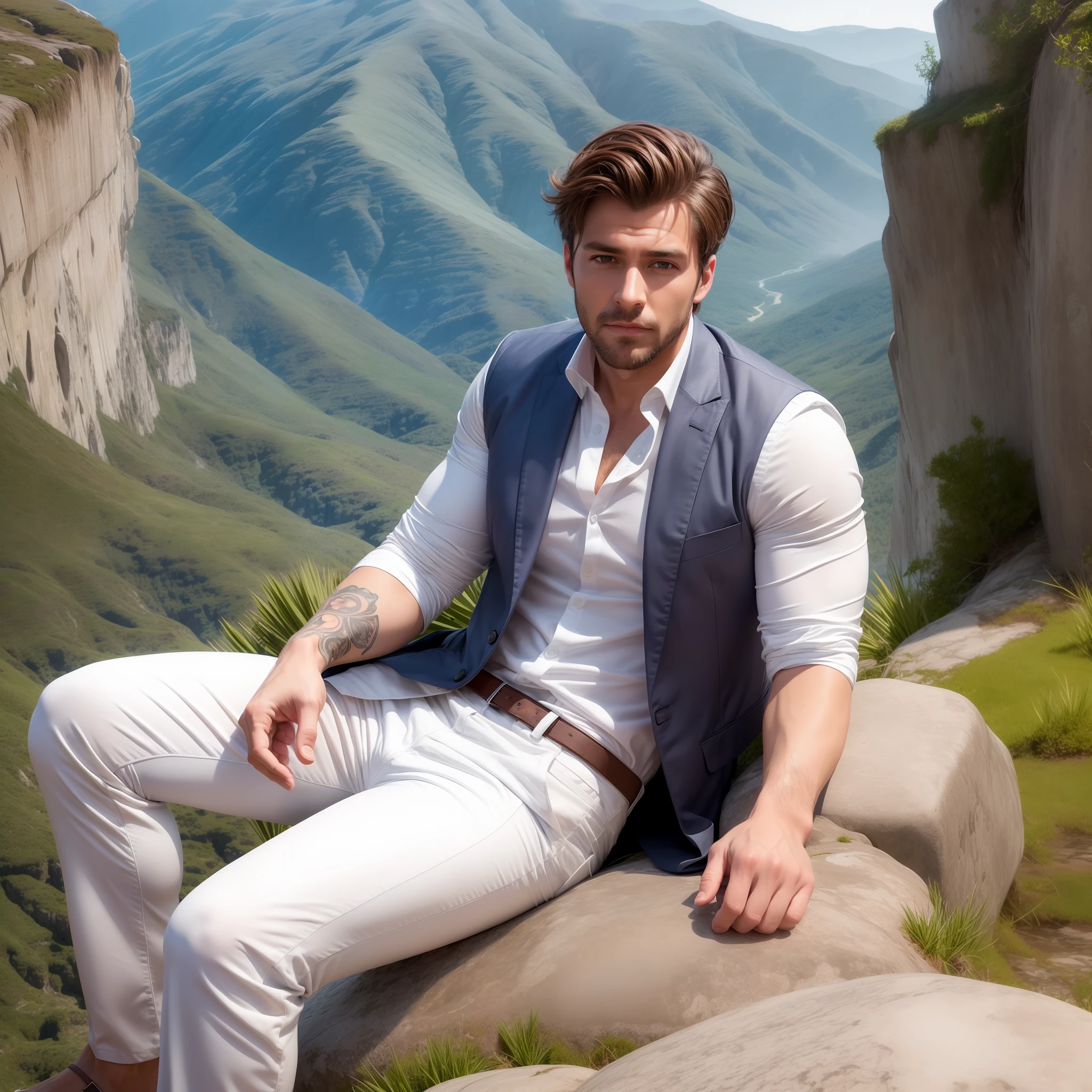 Handsome man wearing white shirt and white pants. He is sitting on a large rock on top of a mountain. From the mountain you can see a large valley. Hyper-detailed. Photorealist. 8k