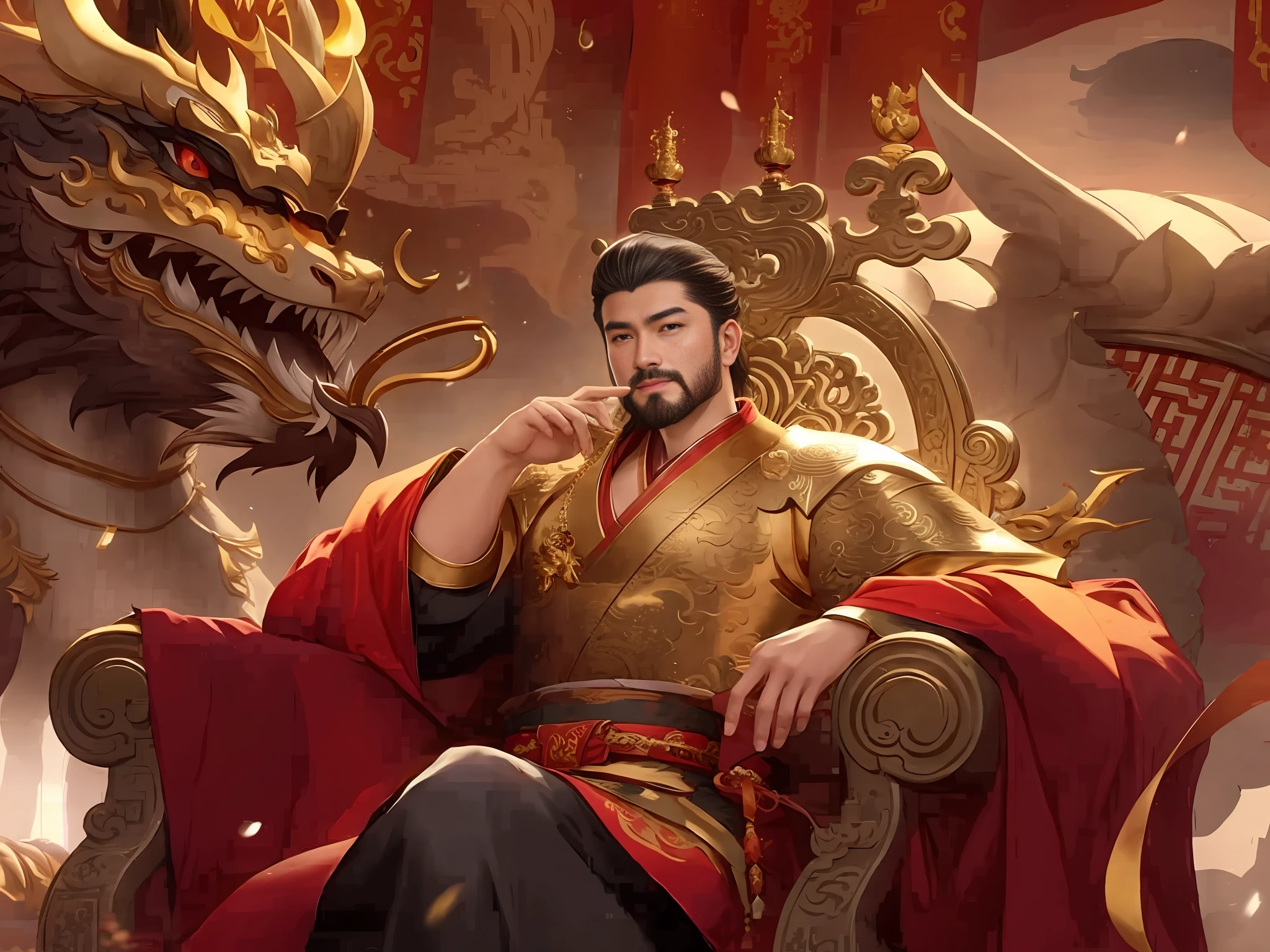 there is a man sitting on a throne with a dragon in the background, bian lian, g liulian art style, zhongli from genshin impact, heise jinyao, loong, inspired by Huang Shen, inspired by Pu Hua, keqing from genshin impact, by Yang J, inspired by Huang Ding, inspired by Li Kan, guan yu