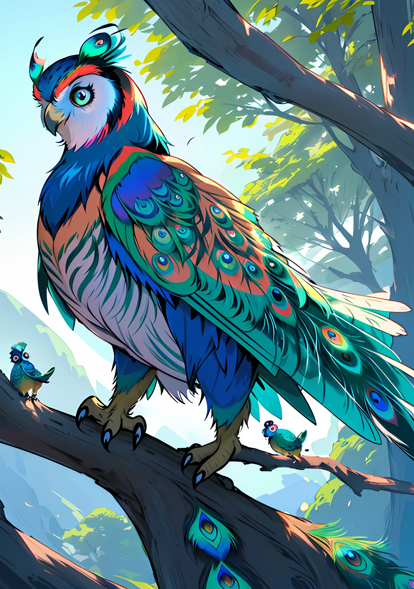 A majestic and elegant flying Pokémon in the shape of ((owl)) that rushes gracefully through the skies, with vivid plumage and detailed in a variety of striking colors such as ((Colors of a peacock)). Its sharp, focused eyes scan the landscape below as it prepares to fly in search of prey or adventure.