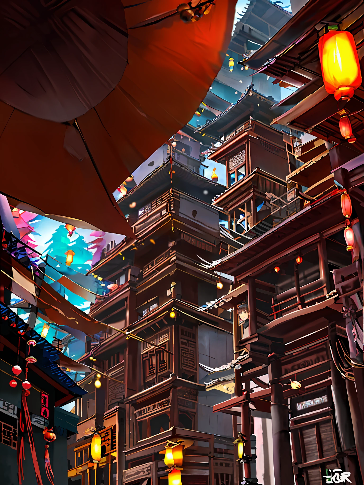 there are many umbrellas hanging from the ceiling of a building, dreamy chinese town, zhouzhuang ancient town, in a narrow chinese alley, parasols, umbrellas, ancient chinese architecture, street lanterns are shining, chinese architecture, kyoto inspired, peaked wooden roofs, japan travel aesthetic, colorful umbrella, stunning sight, street lanterns, parasol, chinese style, lanterns