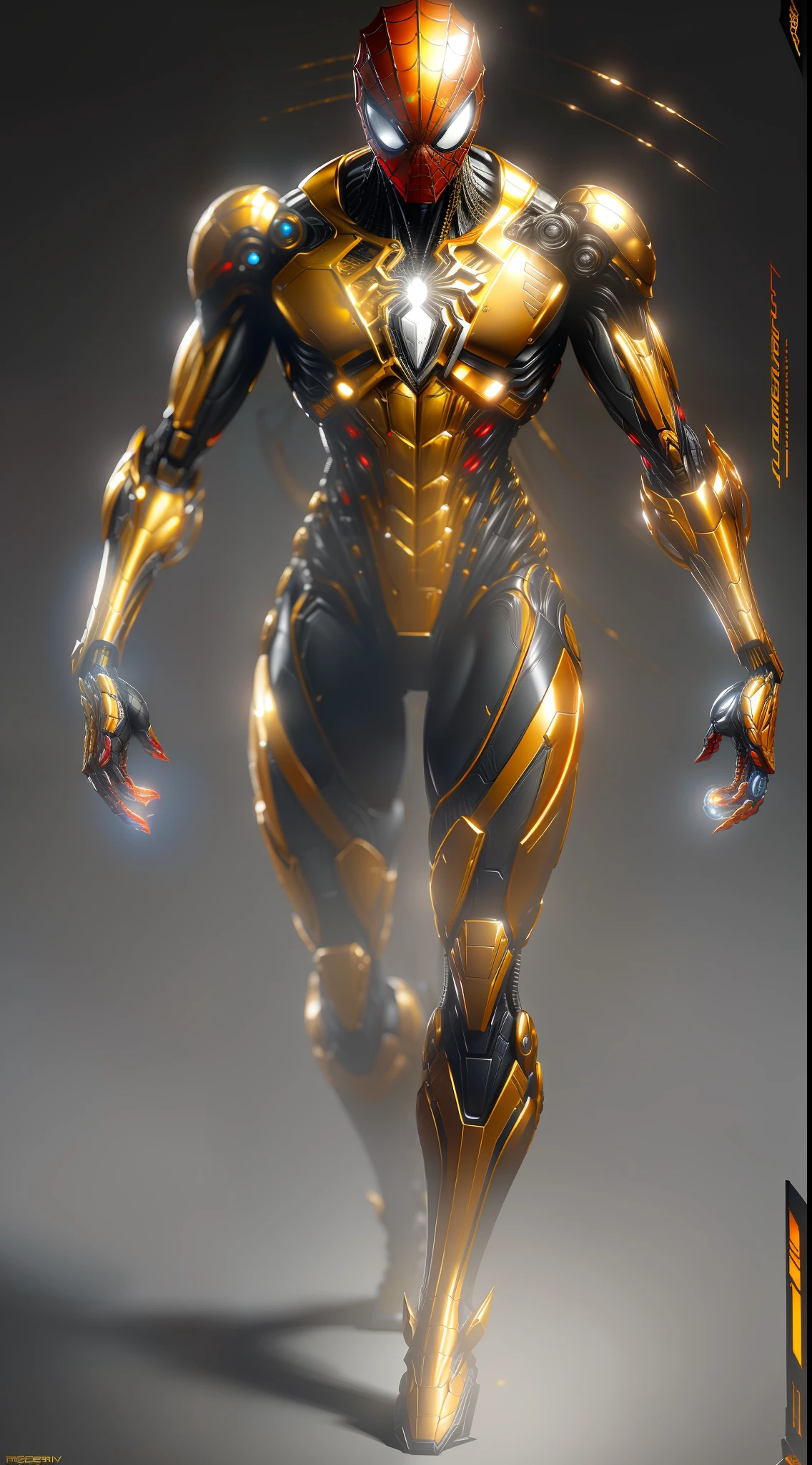Gold Spider-Man from Marvel photography, biomechanical, complex robot, full growth, hyper-realistic, insane small details, extremely clean lines, cyberpunk aesthetic, masterpiece featured at Zbrush Central