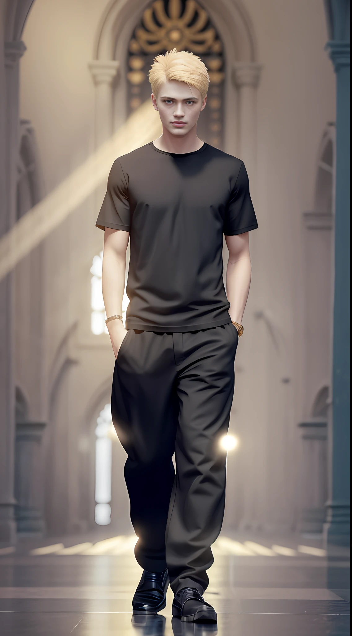 Man in black t-shirt and black pants, blonde hair, blue eyes, three-dimensional face, light source shining on face, delicate face, rich facial details, 3D modeling, hyperrealistic face, realism, 3d rendering, hyperrealistic anime, golden church in the background, palatial church.