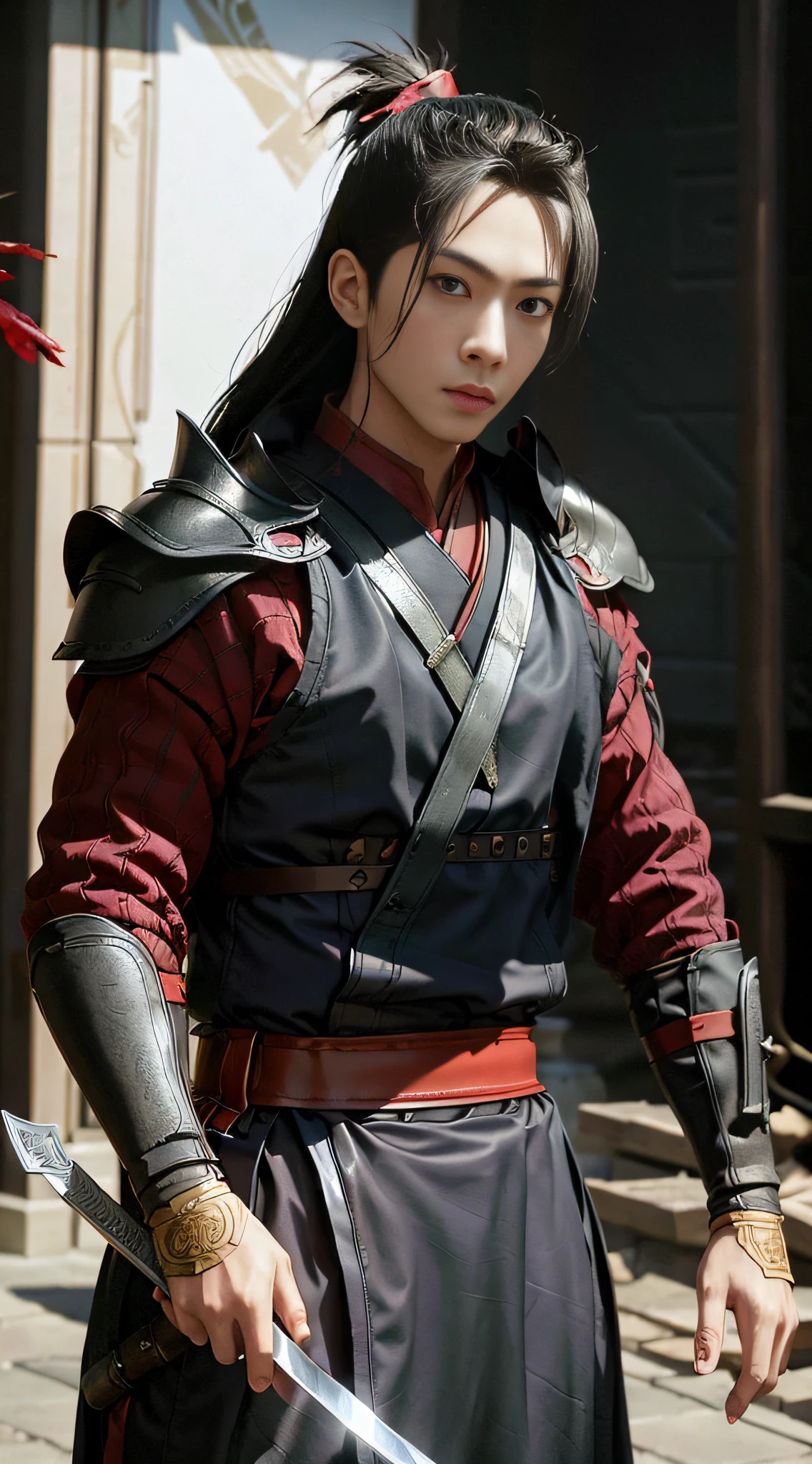(Frontal focus), (Realistic quality, high accuracy: 1), Dynamic lighting, 8k wallpaper, men, white long ponytail, black armor, red belt, iron armor bracer, holding a long sword, ancient Chinese style, attack posture, a lot of blood stains and broken clothing, many ancient soldiers chasing and killing, arrows flying, war is flying, night, dramatic composition, sword qi surrounding, picture detail, war, movie lighting.