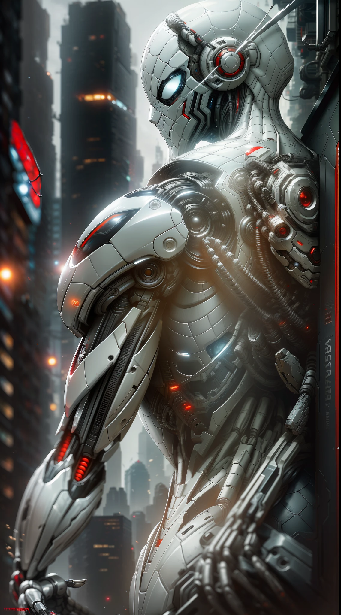 White Spider-Man from Marvel photography, biomechanical, complex robot, full growth, hyper-realistic, insane small details, extremely clean lines, cyberpunk aesthetic, a masterpiece featured at Zbrush Central