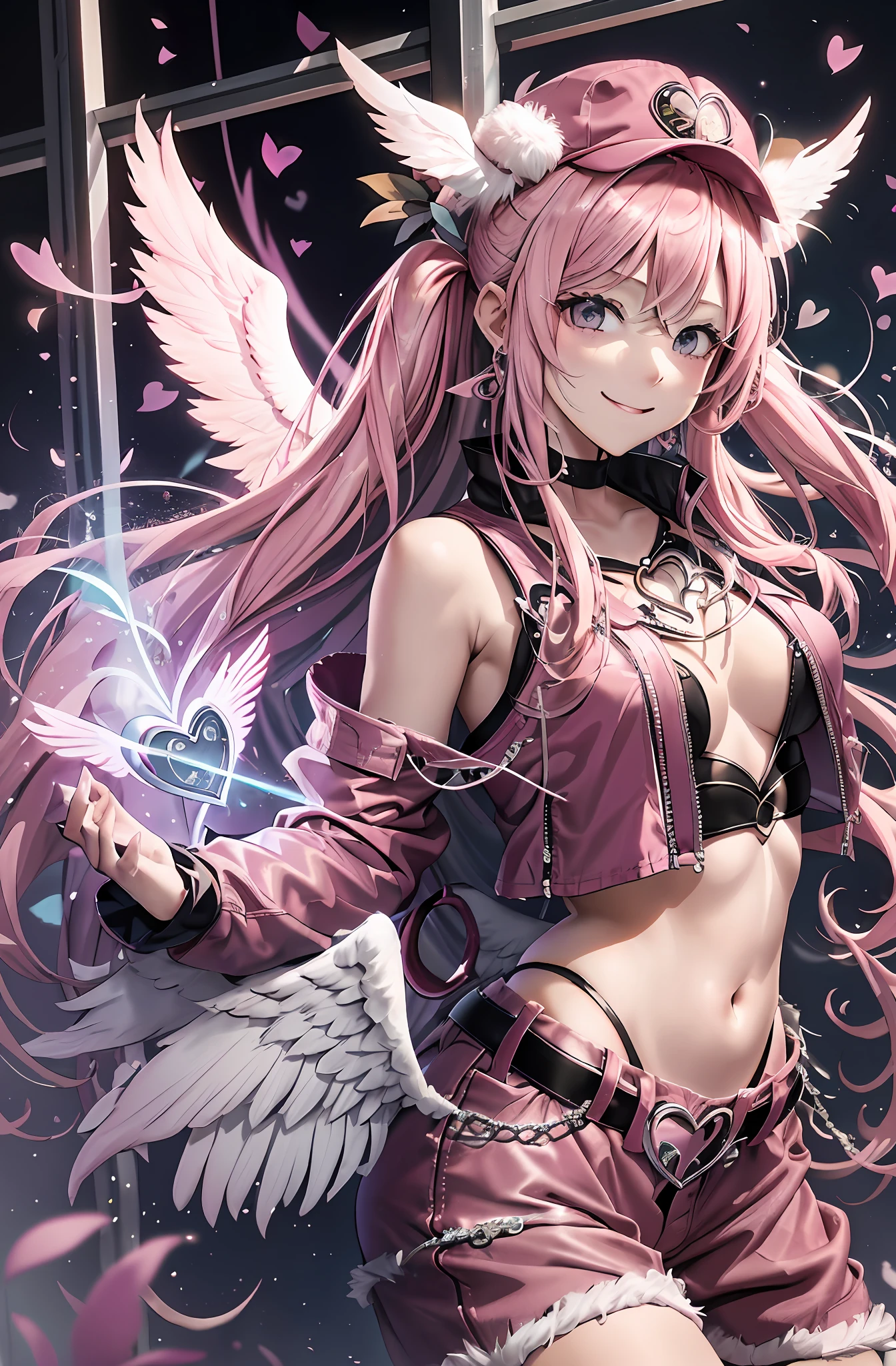 Pink hair. Long hair. Pigtails. Long pants that are cut off. Parka. Earring. Angel wings. Heart-shaped vacant chest. Heart logo. A big smile. Game Center. White wings. Navel. Futomo. Navel out. Put on the cap.