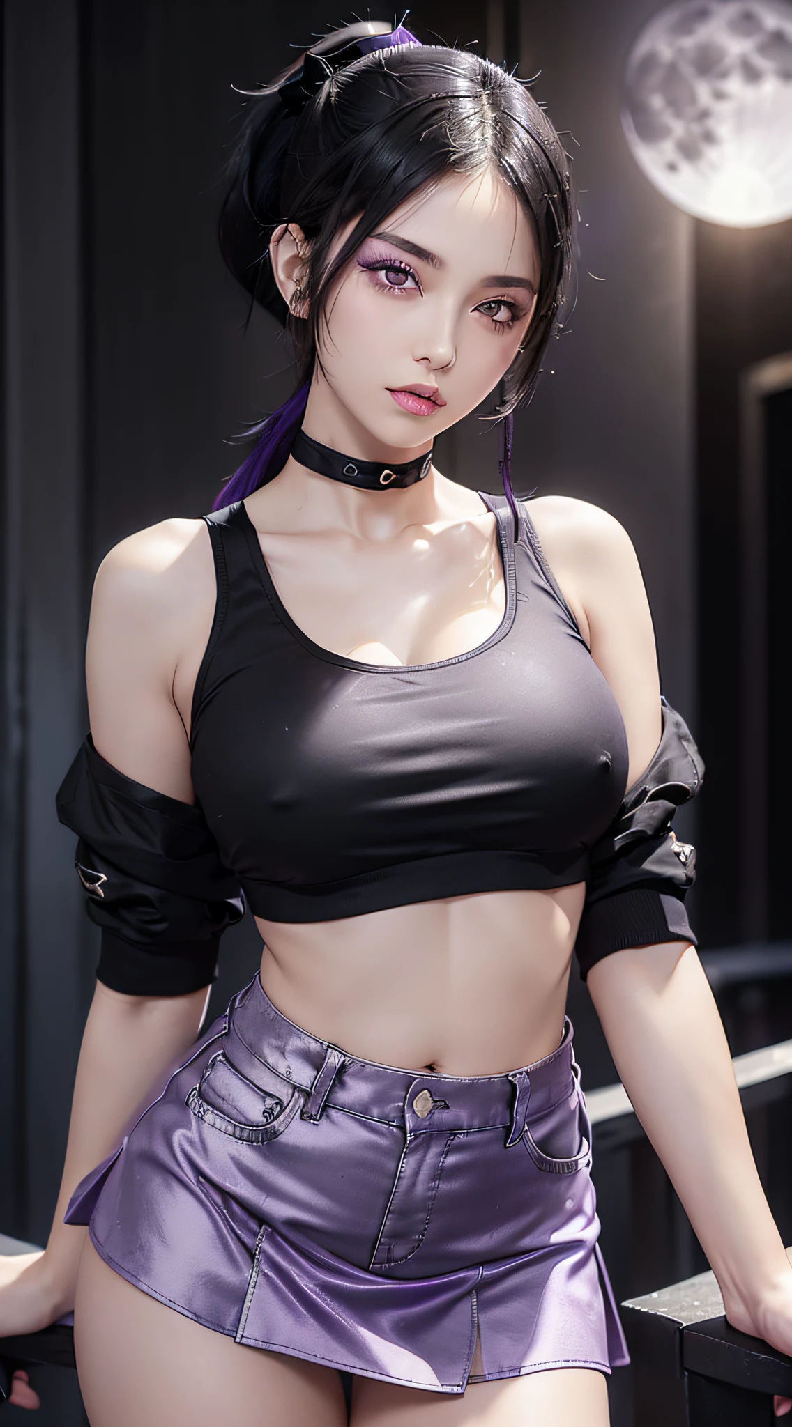 Realistic, one girl, (((black hair ponytail)), black eyes, shining eyes, (light purple crop top), (breasts revealed)), ((light purple miniskirt)), (showing panties), parted lips, blush, ((night)), (moon)), ((moonlight)),