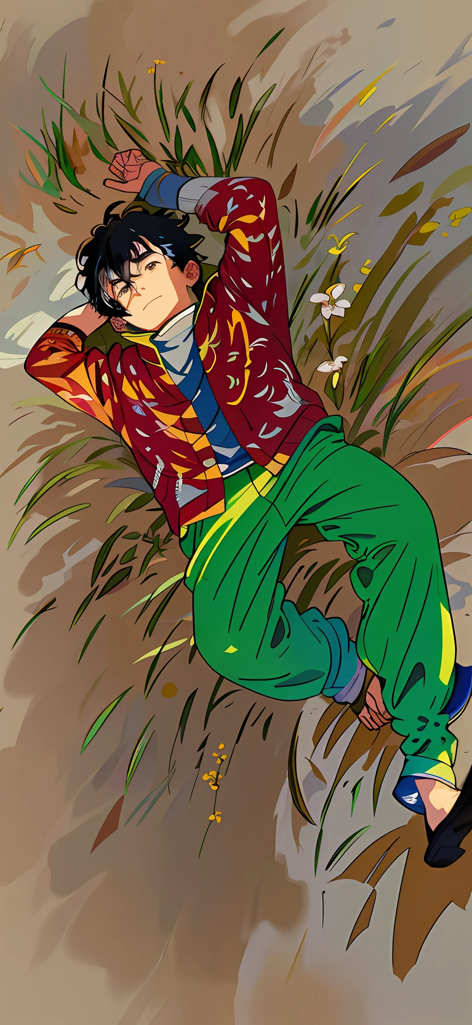 (warm light: 1.2), dry yellow meadow, Asian male farmer, Ge You lying down, an unflattering expression, looking at the sky, sparse stubble, lying on the grass, looking down overhead, messy black hair, clothes of inappropriate size, torn red cotton jacket, torn green cotton pants, Chinese ink painting style, intricate details, volumetric lighting BREAK (masterpiece: 1.2), (best image quality), 4k, super detailed, (dynamic composition: 1.4), rich details and colors, (rainbow colors: 1.2), (glow, Atmospheric Lighting), Dreamy, Magical, (Solo: 1.2)