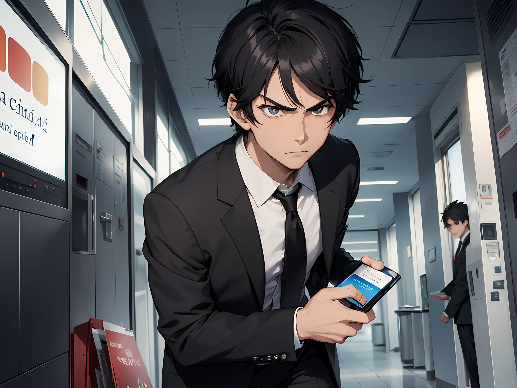 (Single: 1.8) (A short black haired boy in a suit with an angry expression holding a credit card in front of the hospital, Credit Card: 1.5), manga, anime style