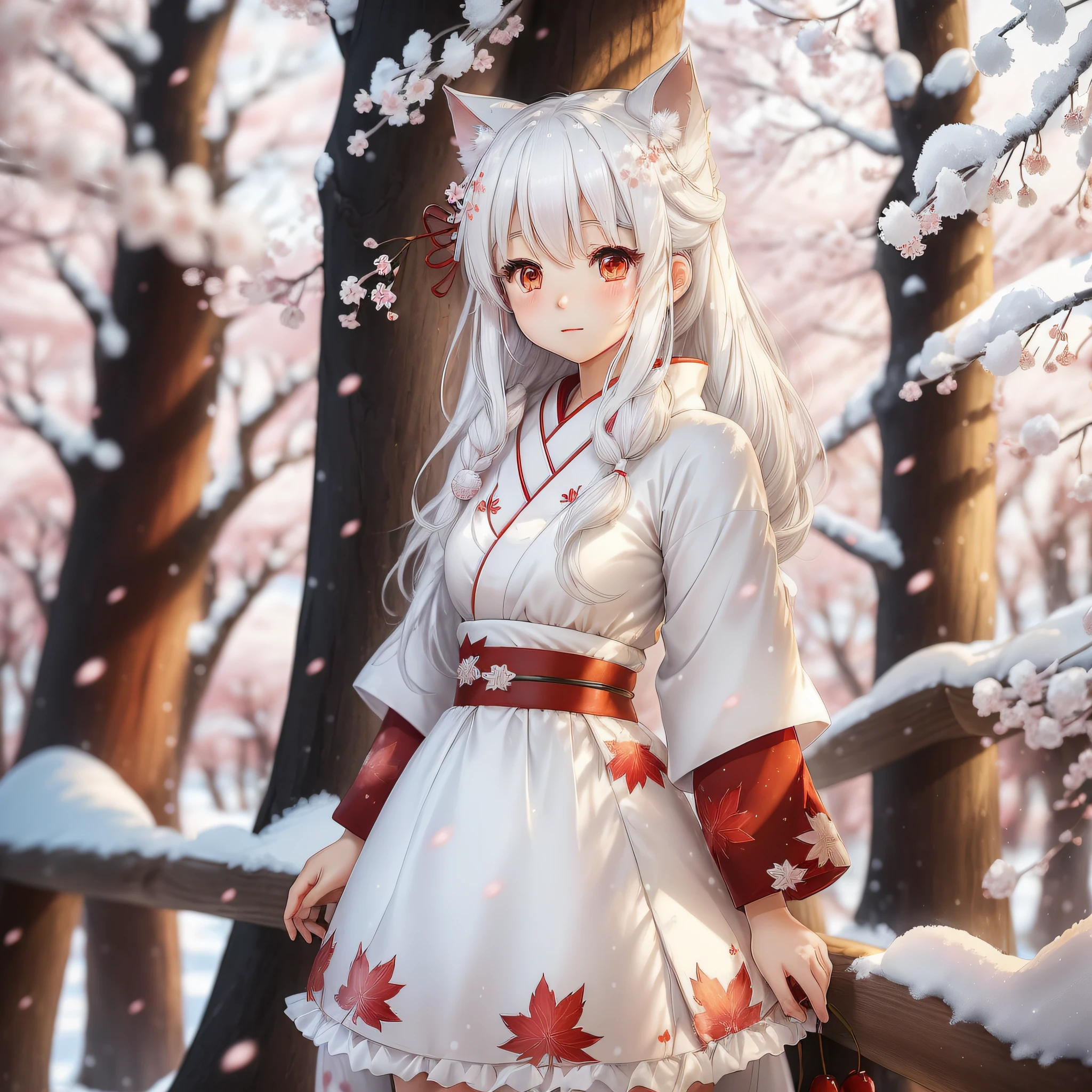 (Art style: Japanese style + moe series) (Character: white-haired girl) (Realm: light snow scene + cherry blossom forest + red maple forest) (Dress: girly style + winter equipment) (Features: cute + natural style) --auto --s2