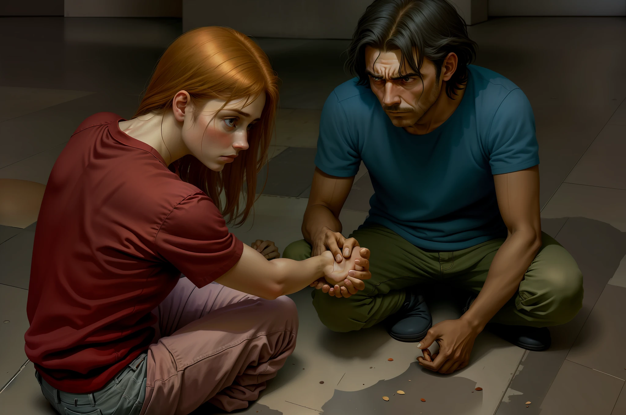 Sad man sitting on the floor with his hand outstretched and a woman standing with her hand outstretched helping