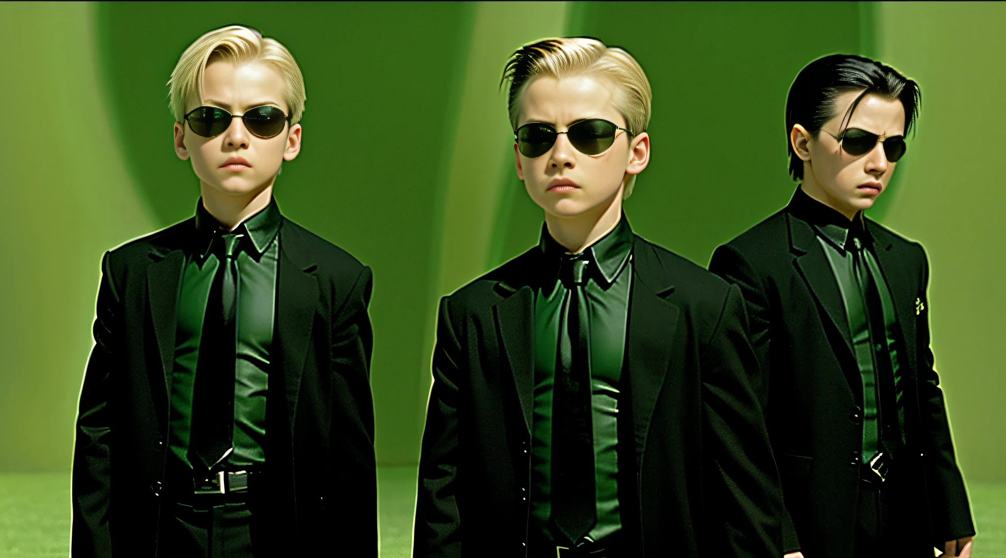 There are two RUSSIAN CHILD BOYS, SHORT BLONDE HAIR, in sunglasses and tie in front of a green background, Matrix, agents of the Matrix movie, in the new movie Matrix, Matrix, Trinity the Matrix, in Matrix, Trinity from the Matrix, Matrix Style, Matrix), still from The Matrix (1999), still from The Matrix, welcome to The Matrix