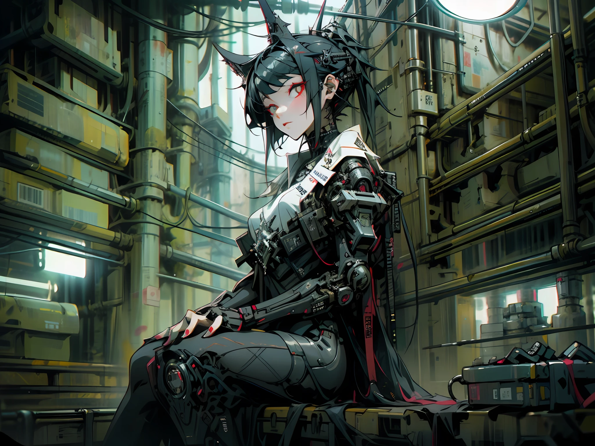 masterpiece, highly detailed, high quality, goth punk girl, red eyes, dynamic angle, sitting , pop, cyberpunk, sci-fi, illustration, cinematic lighting,