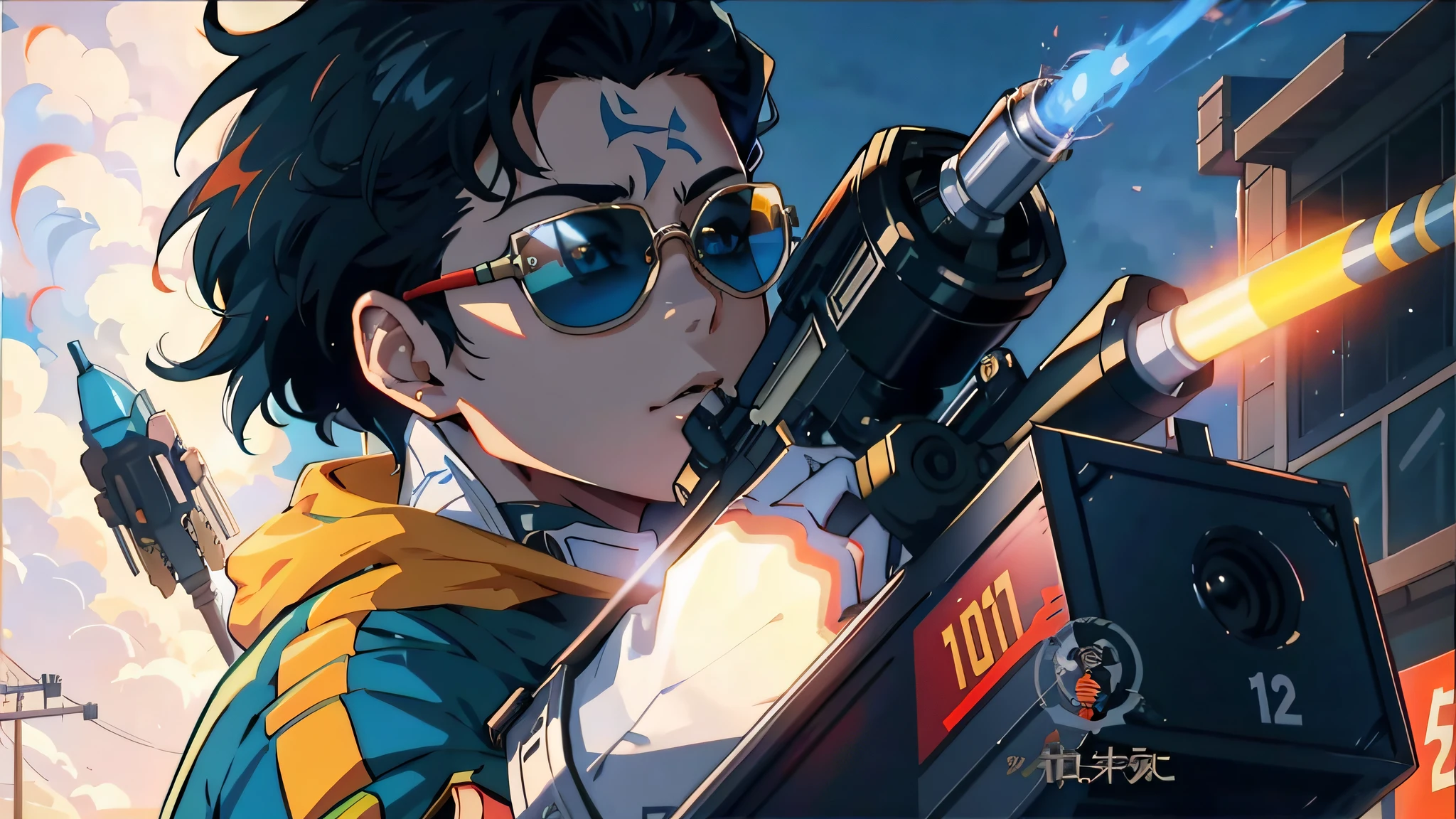 anime character with a gun and a camera in front of a building, makoto shinkai ( apex legends ), artwork in the style of guweiz, overwatch fanart, g liulian art style, from overwatch, anime machine gun fire, official fanart, digital cyberpunk anime art, high quality fanart, kda, trigger anime artstyle
