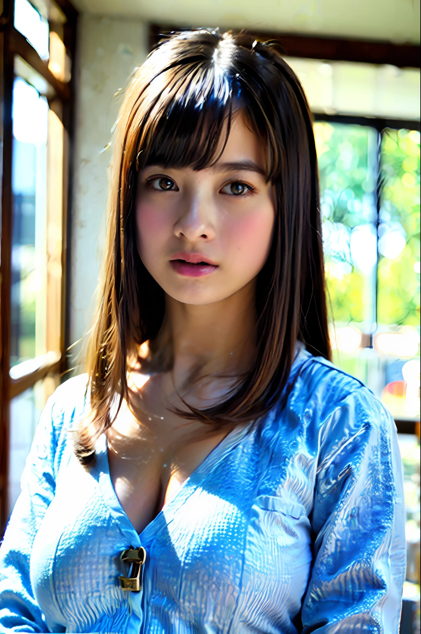 ((Best quality, 8k, Masterpiece :1.3)), 1girl, Pretty woman with emphasizing slender abs :1.3, (random hairstyles, Huge breasts :1.2), Casual outfit :1.2, Indoor, Ultra-detailed face, Detailed eyes, Double eyelid
