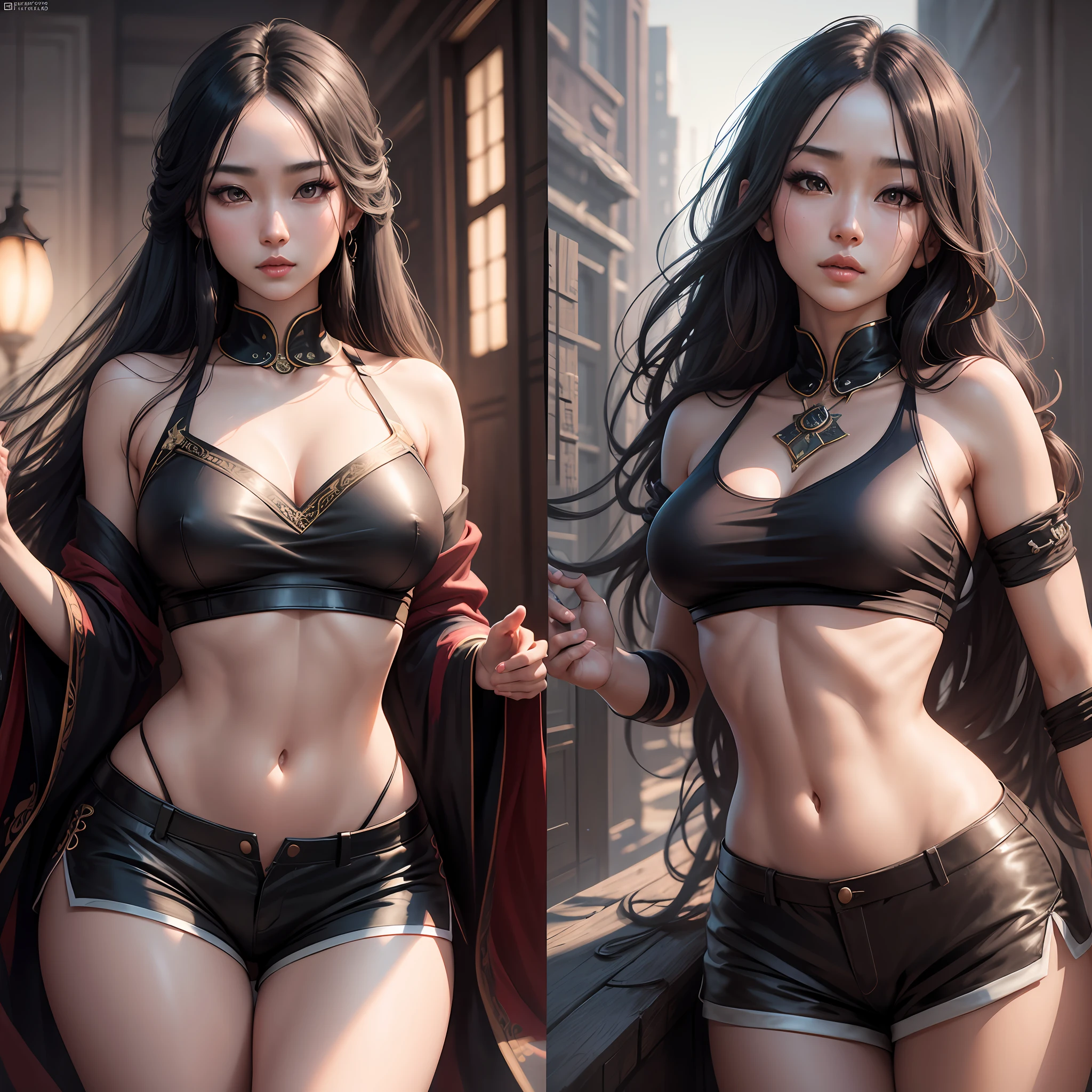 Oriental women, photorealism, dynamic lighting, long hair, beautiful eyes and lips, in the dark, deep shadows, full body, loose crop top, shorts, cinematic, best quality 8K, very detailed --auto --s2
