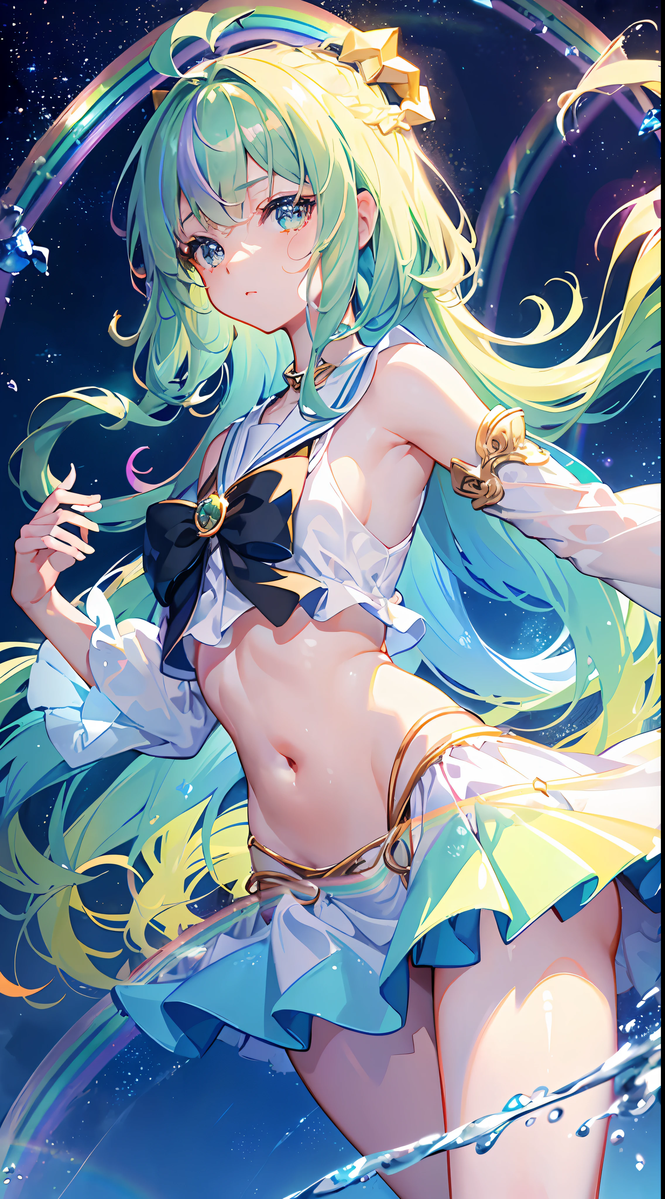 ((Very detailed CG)), ((8k_wallpaper)), (Masterpiece))), ((Best Quality)), watercolor_ (Medium), ((Beautiful Detailed Starry Sky)), cinmatic lighting, , princess, very long rainbow hair, side view, looking at the viewer, full body, decoration, (away from the audience), ((very detailed face)), ((very delicate and beautiful girl)), ((very detailed cute anime face)), ((very detailed eyes)), (very detailed body))), (ultra-detailed), illustrations, ((bare belly)), ((bare shoulders)), small breasts, ((side chest), (((floating and rainbow hair)))), (((iridescent and rainbow hair))), (very detailed sailor dresses))), (rainbow colors and rainbow skirts)), (rainbow and rainbow eyes), beautiful fine hair, beautiful detail dress, dramatic angles, expressionless, (large top sleeves), frills, blush, (ahoge) flat_chest, liquid glazed skin, 3D stereoscopic,