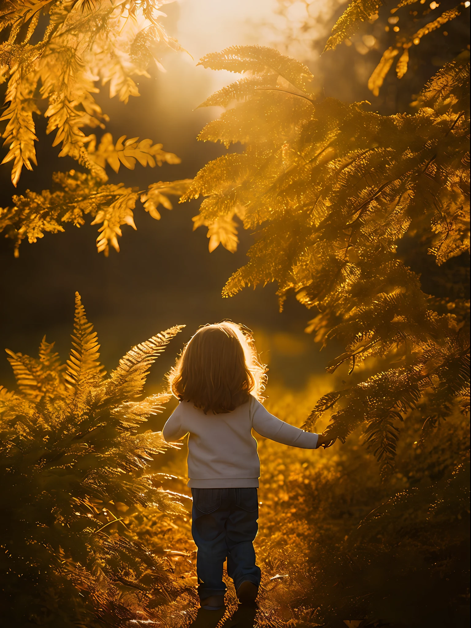 A serene image capturing a  girl with her back at the camera, waiting for her mother to come home. Around 4 years  wavy hair. The warm, golden sunlight filters through the leaves overhead, casting dappled hues on the child and illuminating the scene. The background features a flowing, brightly colored dappled atmosphere, with golden flowers and ferns framing the silhouette of a house with soft, golden lights. soft focus, telephoto lens, warm color palette