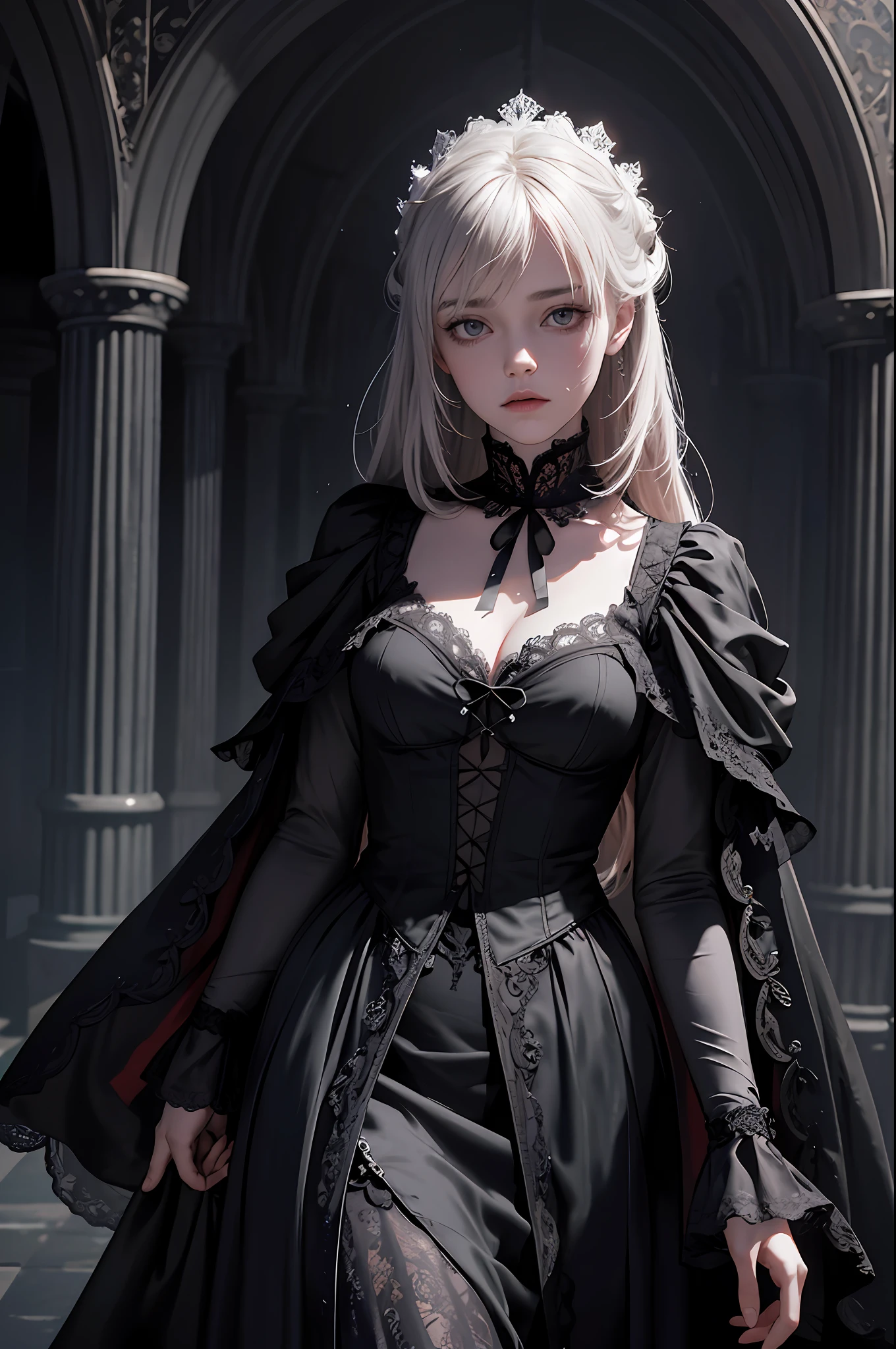 Official Art, Unity 8k wallpaper, super detailed, beautiful, beautiful, masterpiece, best quality,
darkness, atmosphere, mystical, romantic, creepy, literature, art, fashion, victorian, decoration, intricate, ironwork, white lace, contemplation, emotional depth, supernatural,
1 girl, solo, neck, bust composition