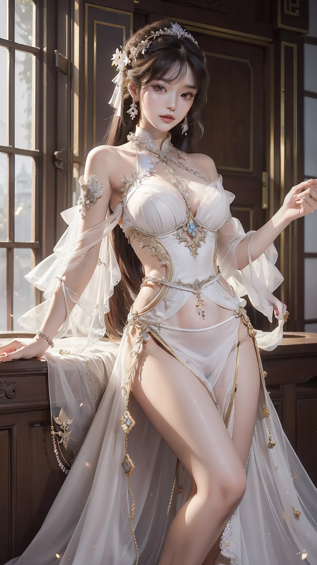 Musical goddess, super good picture quality, 8k, dignified and elegant, perfect body, exquisite makeup, delicate skin, glamorous and dignified, long elegant dress, gorgeous performance on the musical stage, Chinese women, delicate and smooth skin, white and beautiful, long legs, hourglass waist