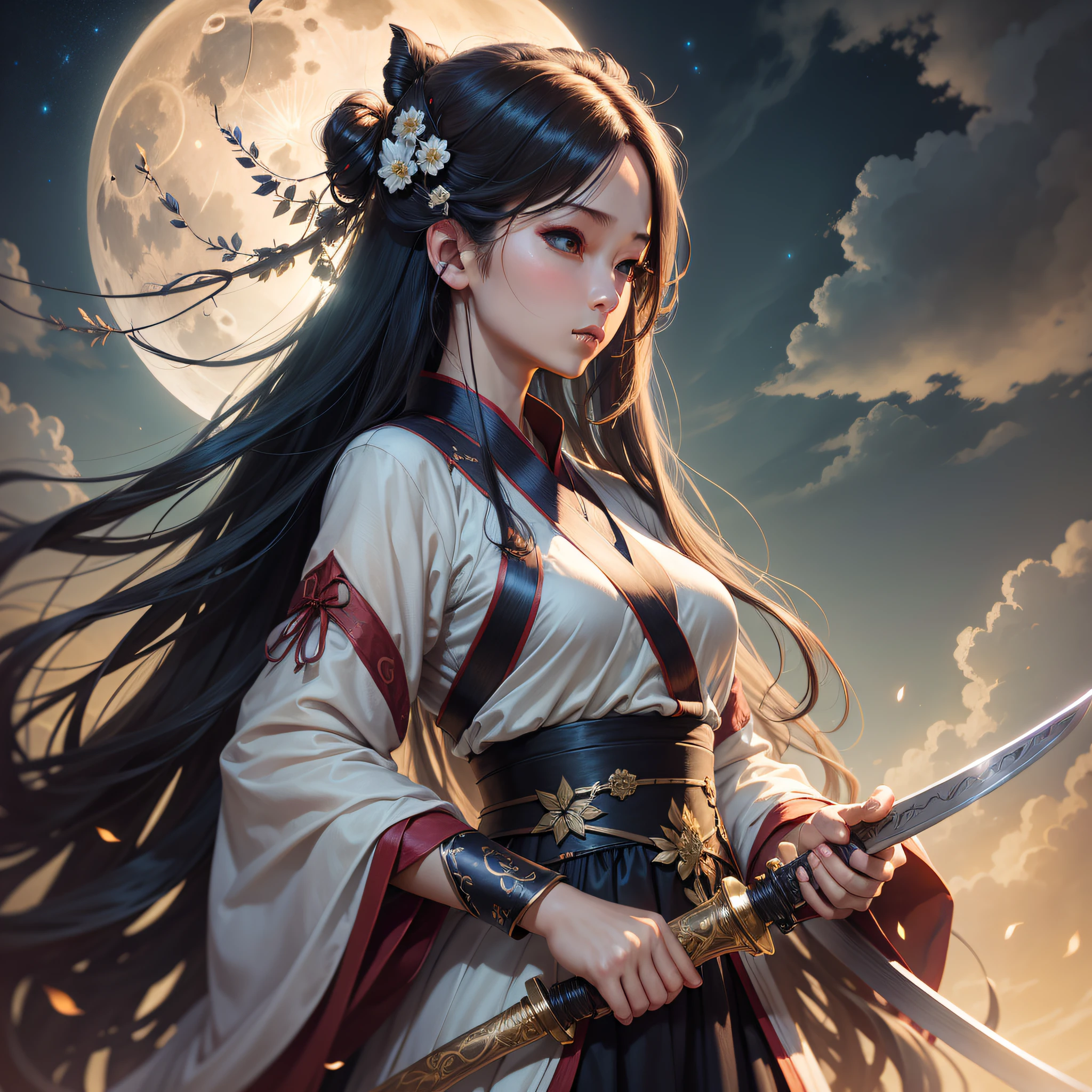 Masterpiece, best quality, night, hills, clouds, full moon, long hair, woman, silhouette, firefly, holding a sword, Hanfu, wearing a long Hanfu, cicadas,