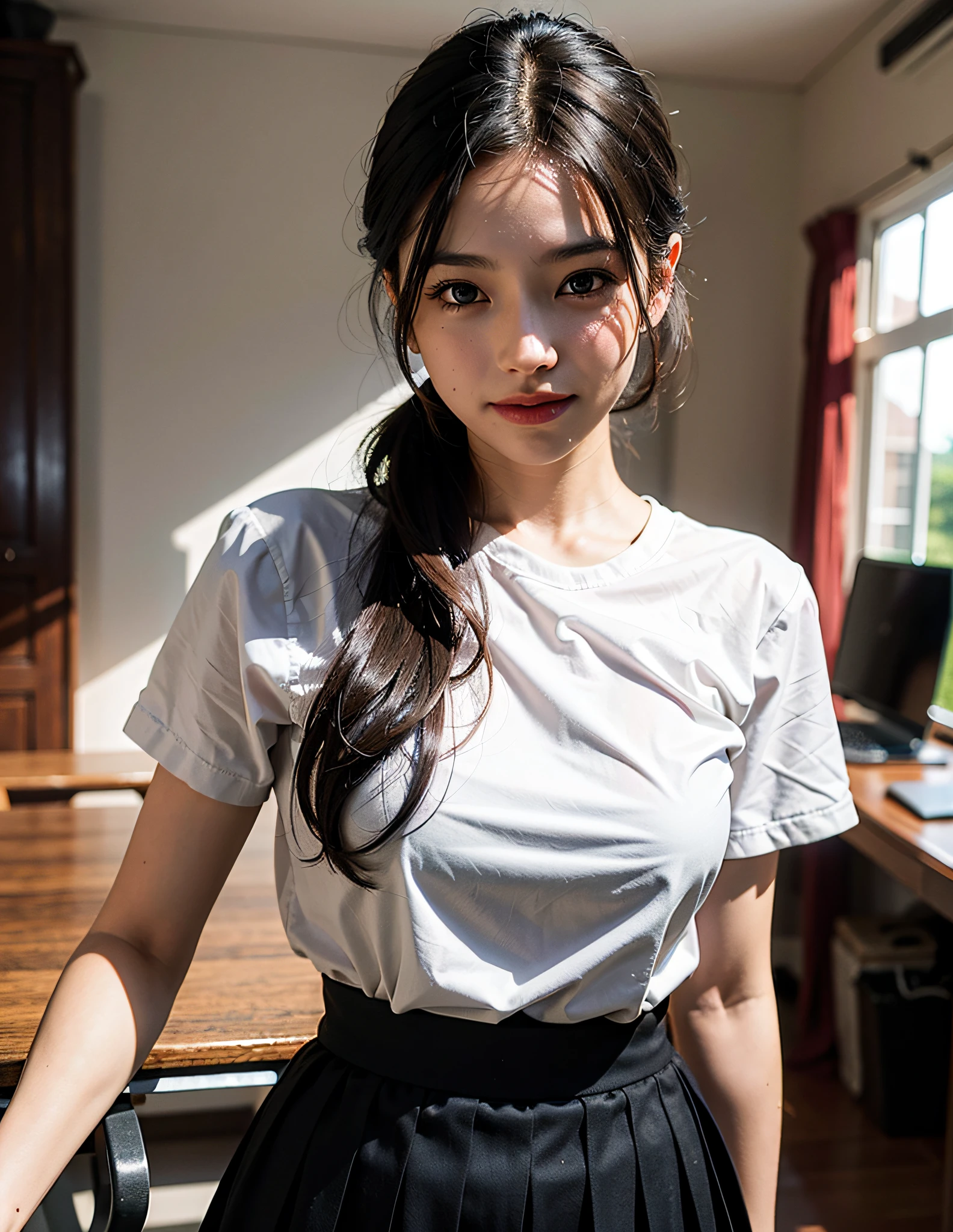 [(Hustleblad H6D-400c)], [(Medium Image)], [(400 megapixels)], (Photoreal: 1.4), (RAW Photo: 1.2), (8k), (Masterpiece) : 1.3), (Realistic), (Hyperrealistic), Ultra Detailed, very_high_realistic:1.5, very_high_resolution:1.5, HDR, Unity, 8k, amazing, fine detail, official art, highly detailed CGUnity 8k wallpaper, (highest quality), incredibly absurd, super detailed, light on the face, cinema light, cinema lighting, professional lighting, photon mapping, radiosity, physically based rendering, solo focus, sharp focus, high resolution, very detailed, very delicate and beautiful, Intricate details, facial muscles, beautiful detailed girl, natural makeup, very detailed face, smiling little, 1 girl, ((solo)), [(medium) slightly curled with voluminous black hair bangs)], [(fine, beautiful amber yellow eyes: 2), symmetrical eyes, extremely dense eyes], lustrous skin, perfect skin, (adult face: 1.2), sagging eyes, slightly thick eyebrows, thin waist, appropriate proportions, perfect body, ((office clothes)), café uniform with a sense of cleanliness, elegant and soft look, clothes that do not show the chest, slightly fleshy body, makeup, smile (mouth closed, shy: 1.3), (standing, black stewardess uniform, café uniform: 1.1), medium bust, office lady, staring at the viewer, upper body only, Both hands are in front of the stomach