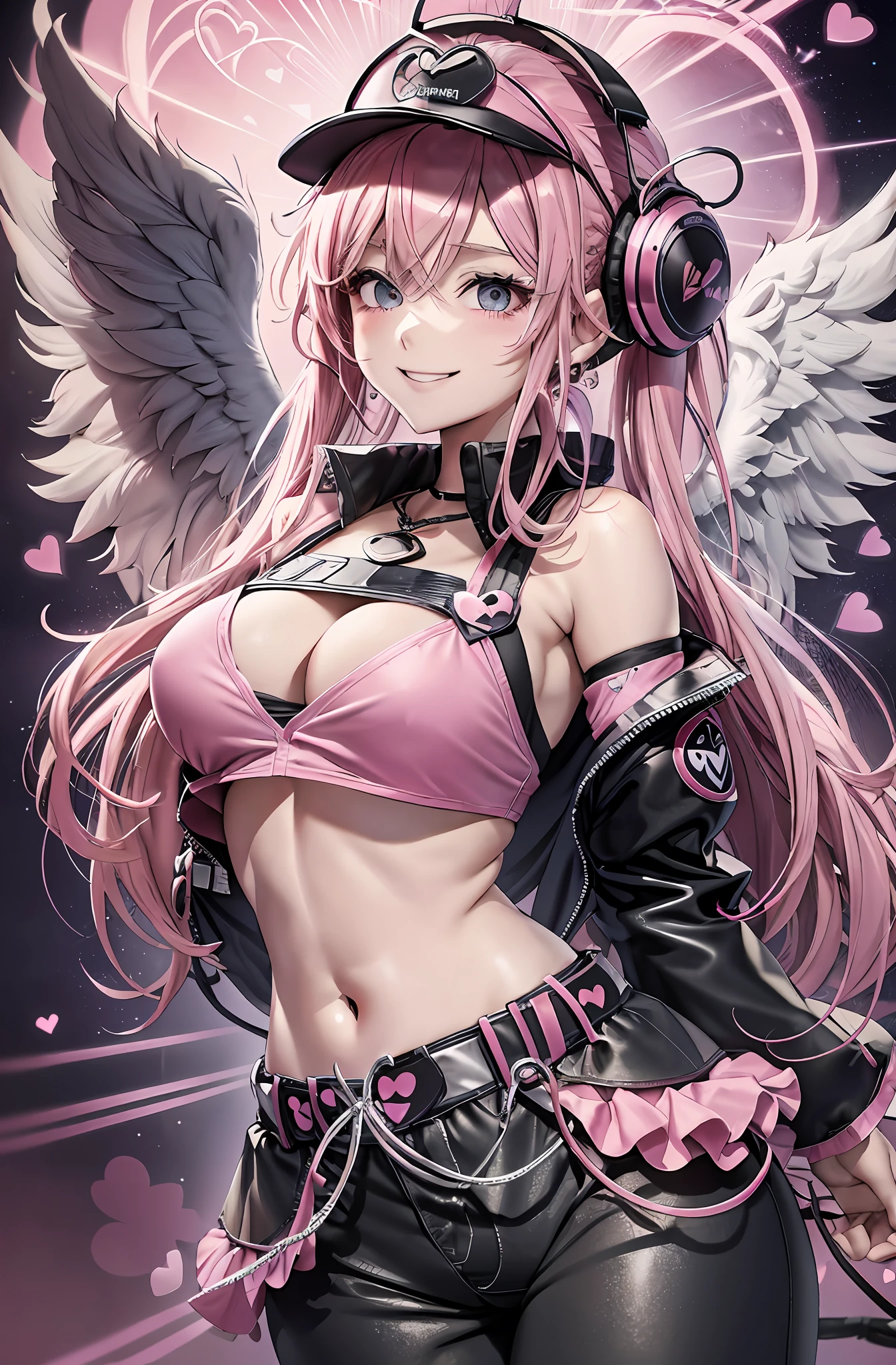 Pink hair. Long hair. Pigtails. Long pants that are cut off. Parka. Earring. Angel wings. Heart-shaped vacant chest. Heart logo. A big smile. Game Center. Headphone. White wings. Navel. Futomo. Navel out. Put on the cap.