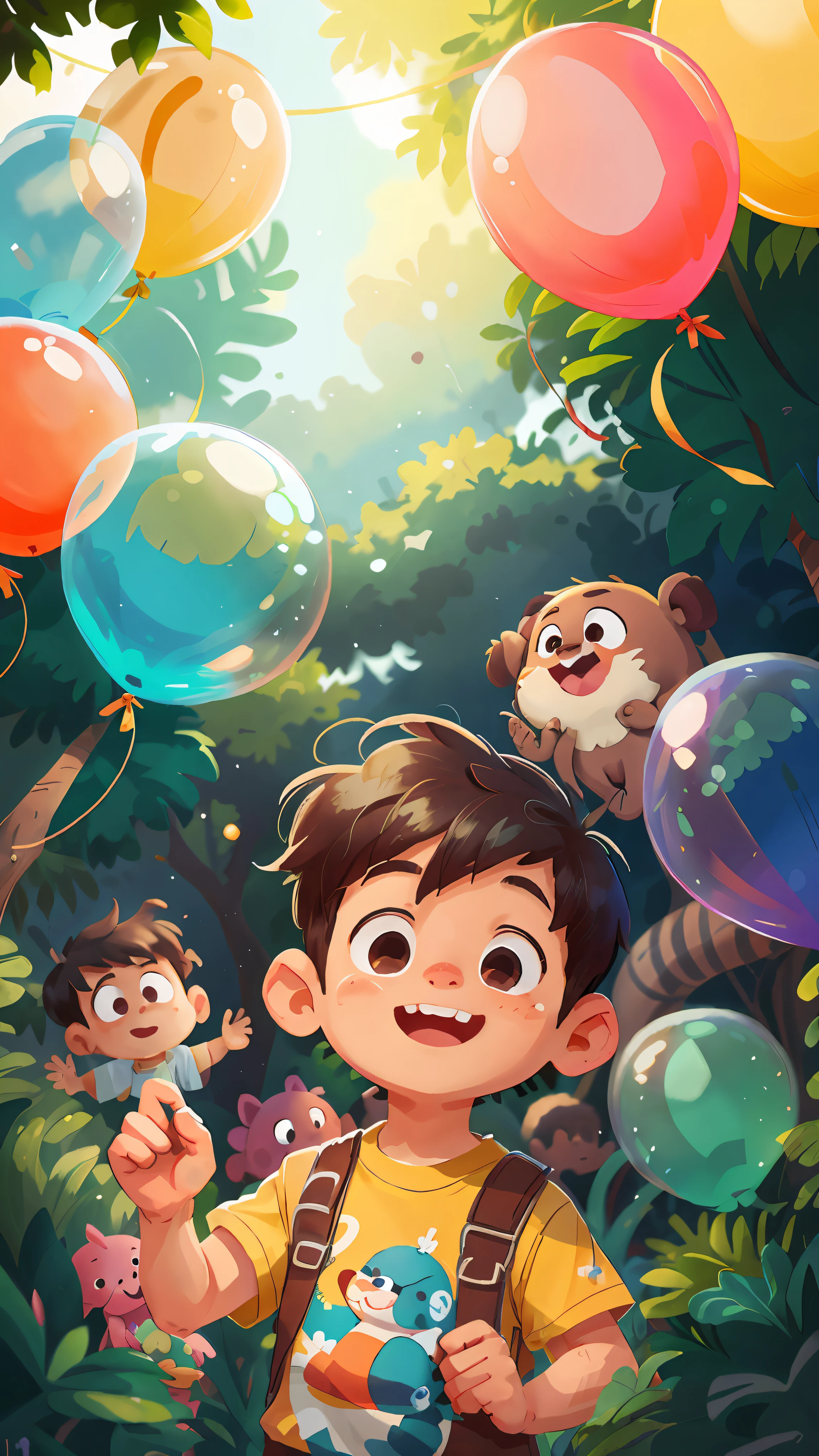 A boy, zoo, many balloons, happy, happy, perfect quality, clear focus (clutter - home: 0.8), (masterpiece: 1.2) (realistic: 1.2) (bokeh) (best quality) (detailed skin: 1.3) (intricate details) (8K) (detail eyes) (sharp focus), (happy)