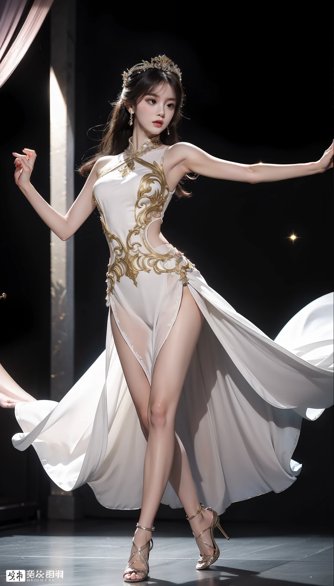 Musical goddess, real person, super good picture quality, 8k, dignified and elegant, perfect body, exquisite makeup, delicate skin, charm and dignified, long elegant dress, gorgeous performance on the musical stage, Chinese women, delicate and smooth skin, white skin beautiful, long legs, hourglass waist