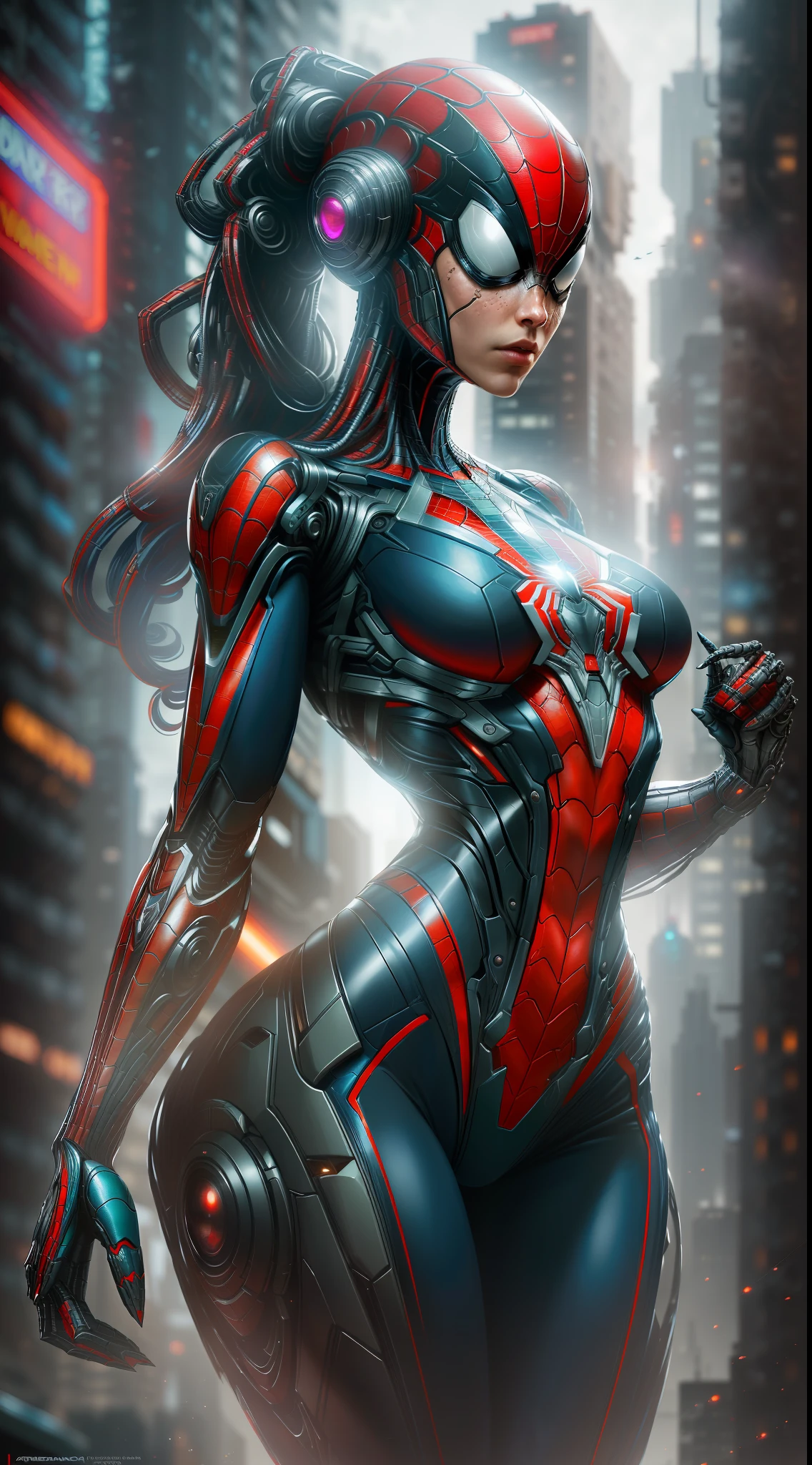 photo of Woman dressed as Spider-Man from Marvel, biomechanical, complex robot, full growth, hyper-realistic, insane small details, extremely clean lines, cyberpunk aesthetic, a masterpiece presented at Zbrush Central