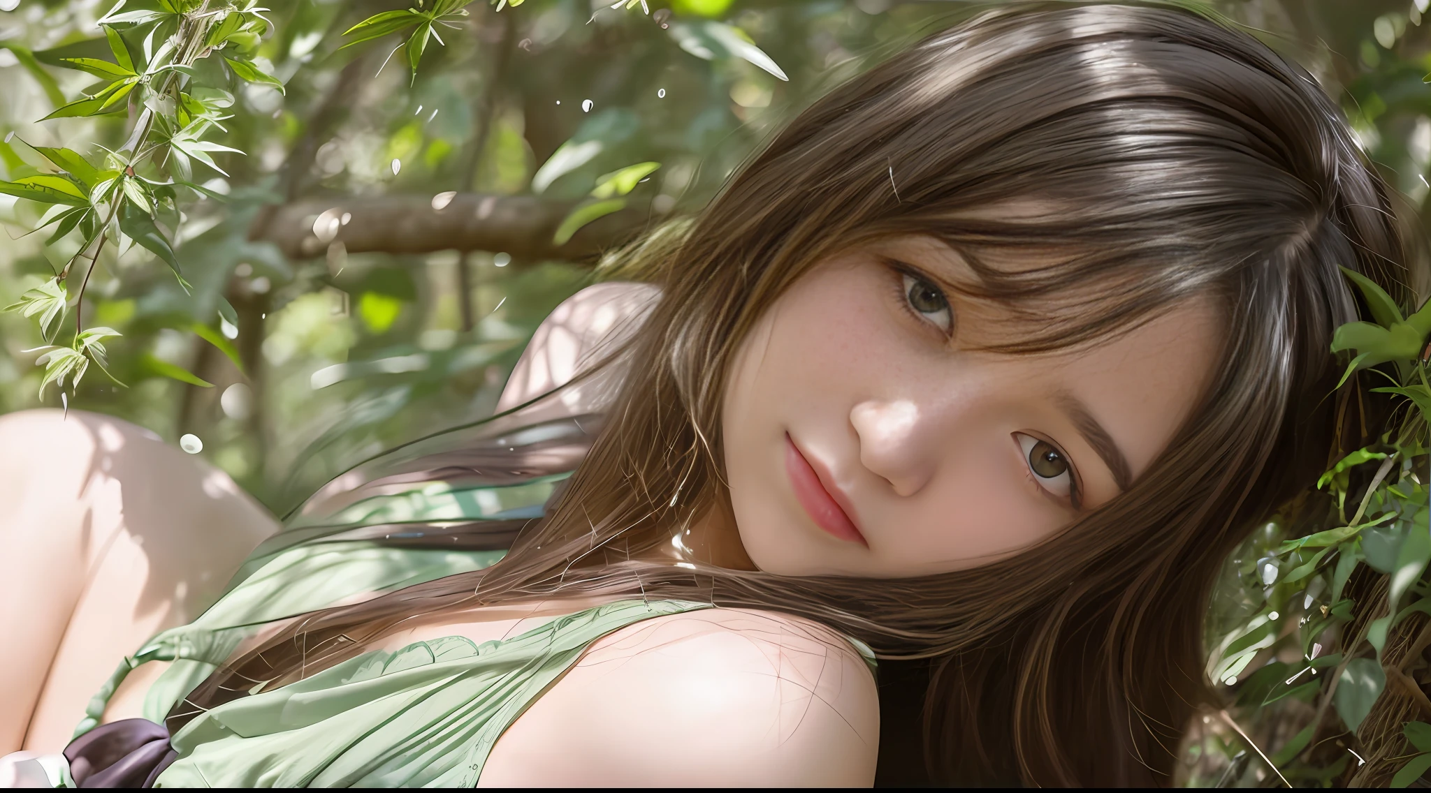 Stunning close-up portrait of a young and beautiful woman with RAW, analog style and impressive features. She should have long, flowing hair, a seductive gaze, and an attractive look. The background is neutral and simple, allowing the woman to be the focal point of the image. Pay attention to details, such as highlights and shadows on her face and hair, to create realistic and realistic images. Experiment with different lighting techniques to enhance the mood and atmosphere of your portrait. The final product should be a masterpiece that captures the essence and beauty of women ((Highly detailed skin, skin details)), Sharp Focus, Volumetric Fog, 8K, UHD, DSLR, High Quality, Film Grain, Fujifilm XT3, Camisole Dress, Hemp Dress, Floret Dress, Short-Term Hair, Disheveled Hair, Rainy Summer Festival, Rain, Green, Forest, Wind, Big