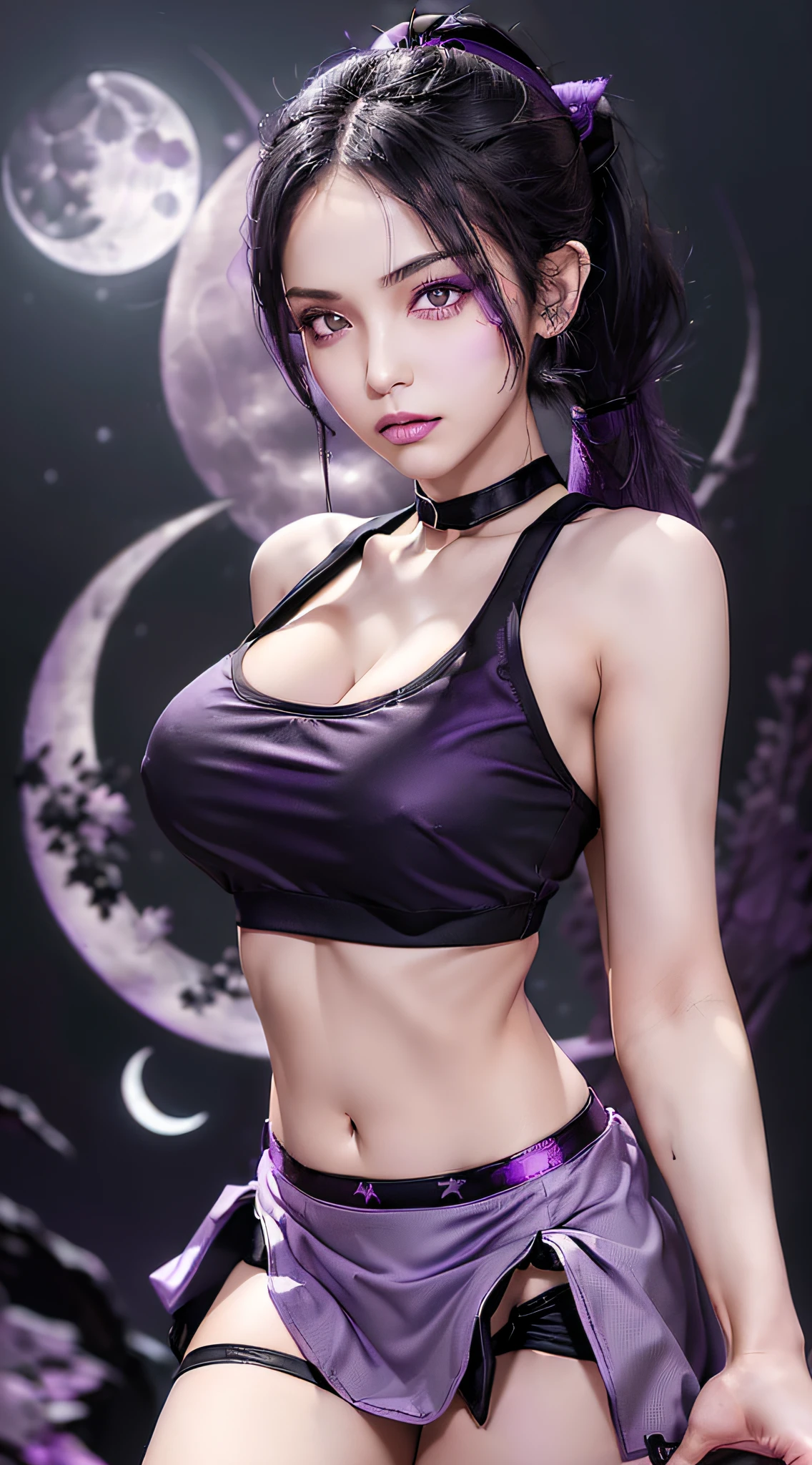 Realistic, one girl, (((black hair ponytail)), black eyes, shining eyes, (((purple crop top)), (breasts revealed)), ((cleavage)), ((light purple miniskirt)), (((show panties))), parted lips, blush, ((night)), ((moon)), ((moonlight)),