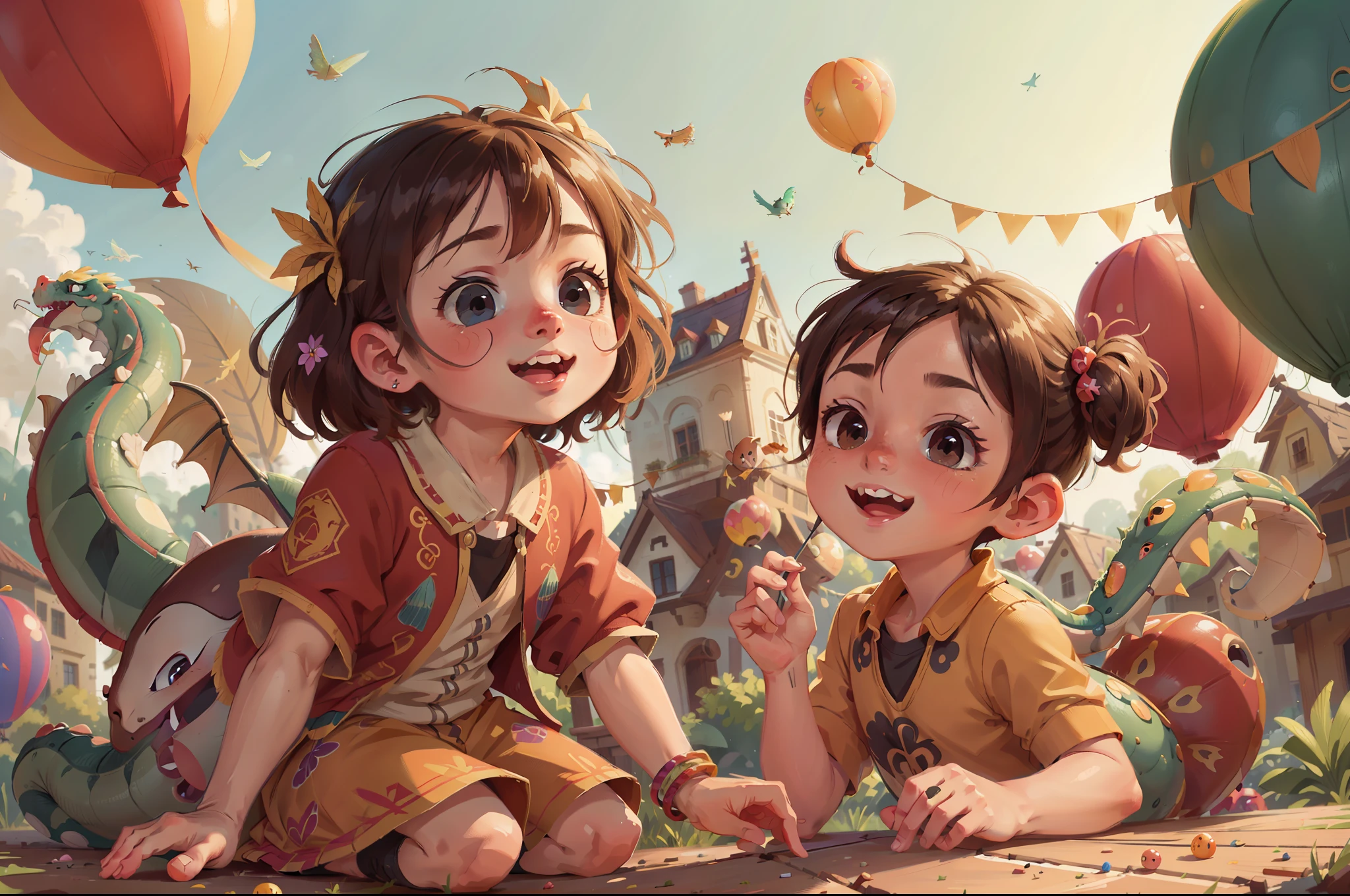 UHD,(High definition resolution:1.2),Skin luster,(Best quality:1.1),(masterpiece),(best quality),smile,(beautiful detailed face),(beautiful detailed eyes),8K,Around the flying colorful balloons,((Two boys are playing)),Peripheral small animals,outside,lovable,dragon boat,