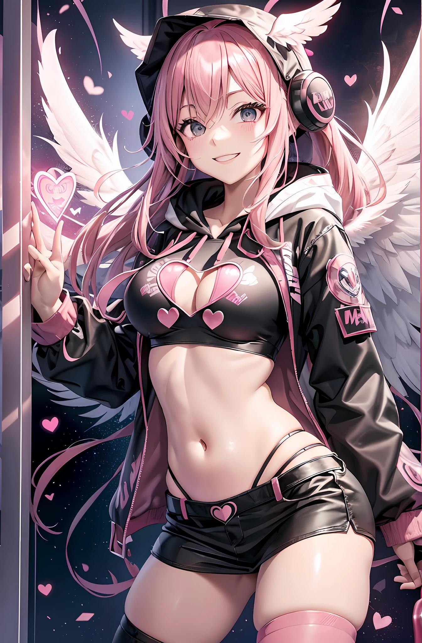 Pink hair. Long hair. Miniskirt. Parka. Earring. Angel wings. Heart-shaped vacant chest. Heart logo. A big smile. Inside the game center. White wings. Navel. Futomo. Navel out. Put on the hoodie hood.