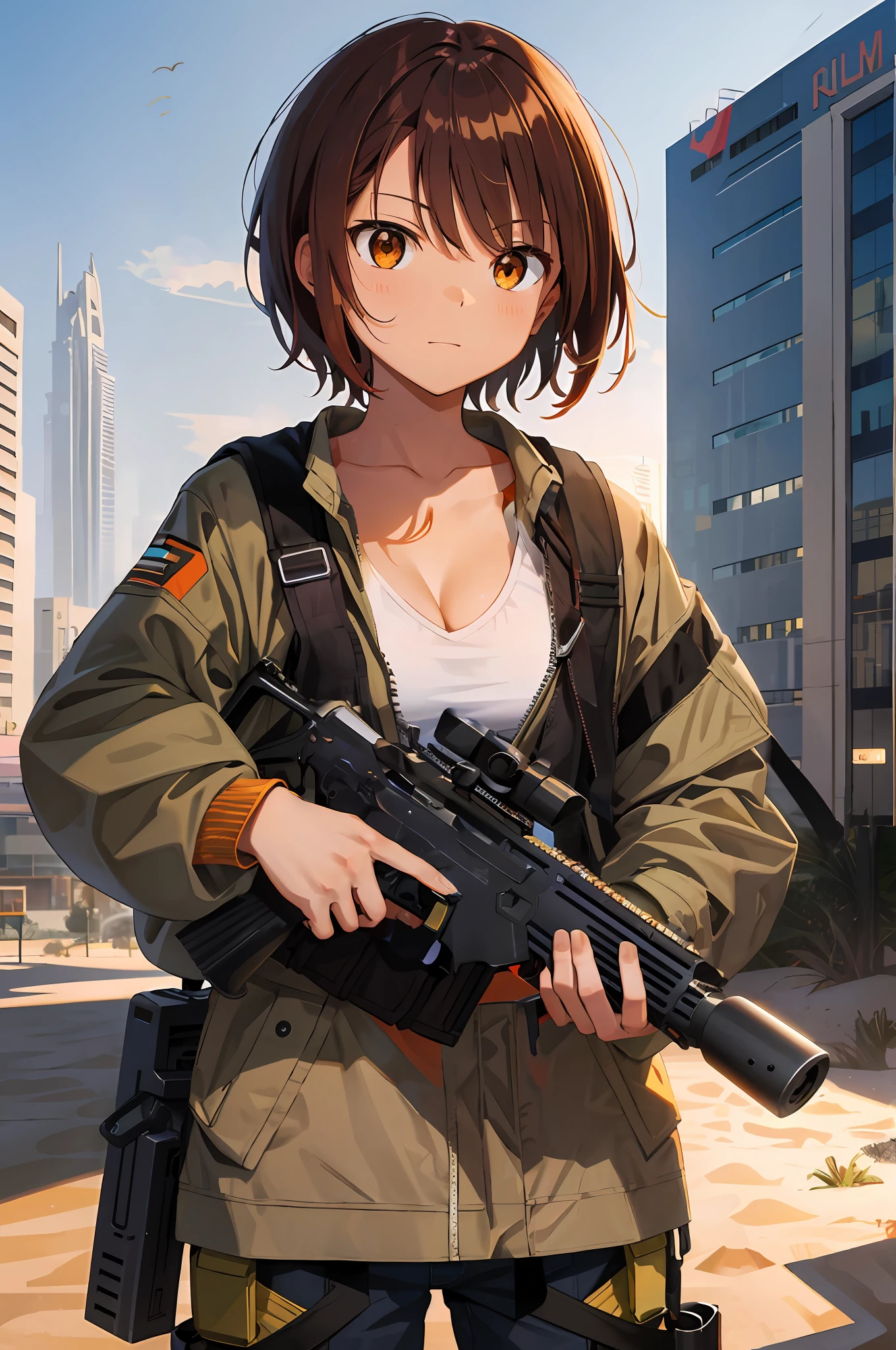 There is no scope, the upper part of the gun has a beautiful pattern,