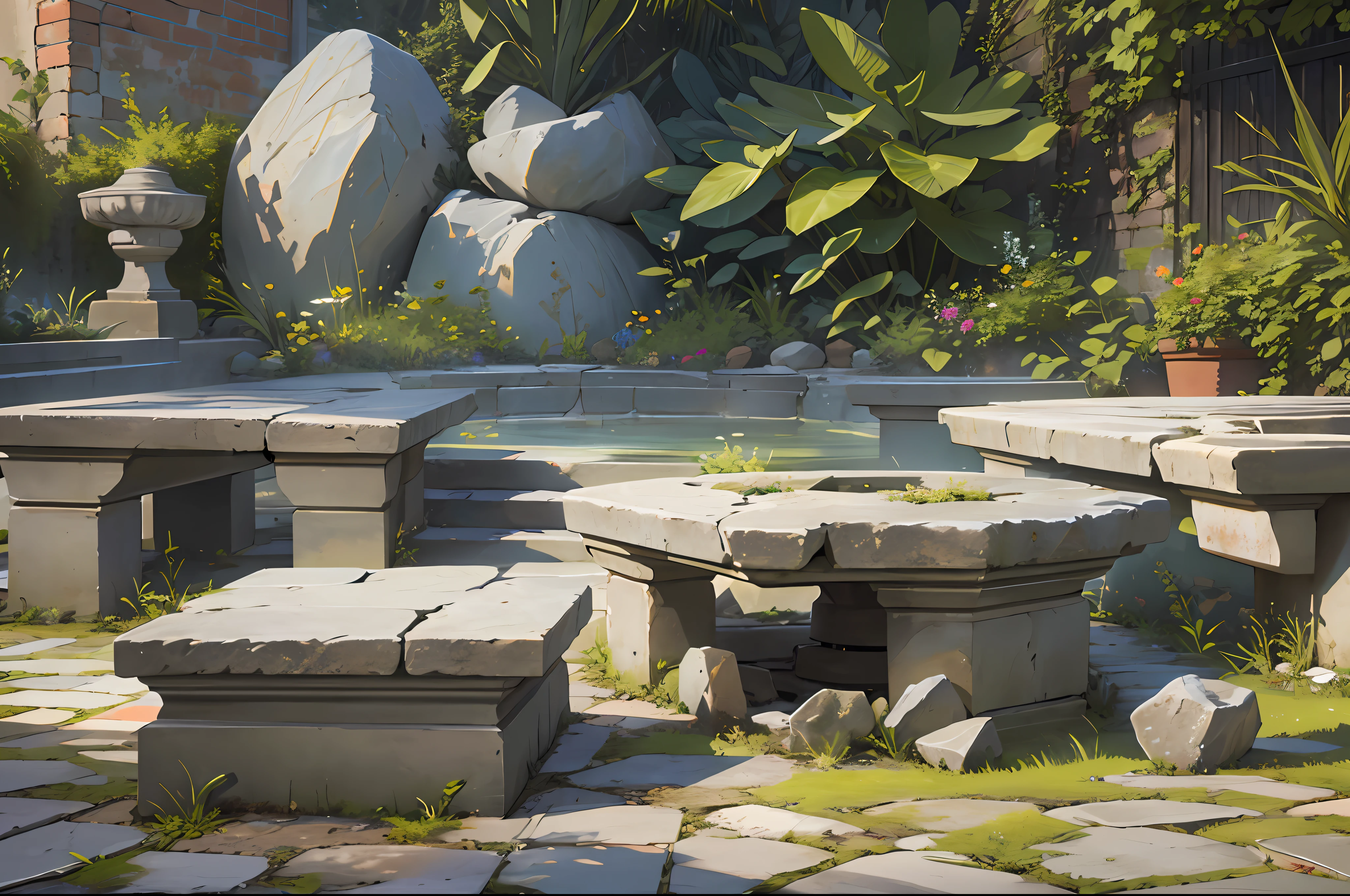 Best quality, masterpiece, high resolution, small courtyard, set of stone benches, down, broken, chipped, a lot of gravel, 8k uhd, dslr, soft light, high quality, volumetric light, photo, high resolution, 4k, 8k.