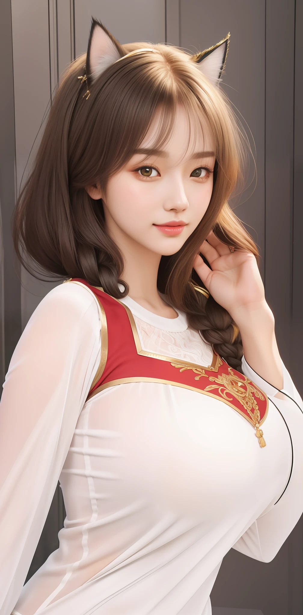An Idol k-pop girl, cute girl, sexy girl, white braid hair, intricate face details, detailed face, golden ratio face, big breast, big butt, big hip, big thighs, full body, 64K, UHD, HDR, high quality, high detailed, hyper detailed, extremely detailed, photo realistic, ultra realistic, art photo, clarify the details, detailed parts body, intricate artwork masterpiece, trending on artstation, light smile, tight clothes, see through clothes, detailled hand, cat ears