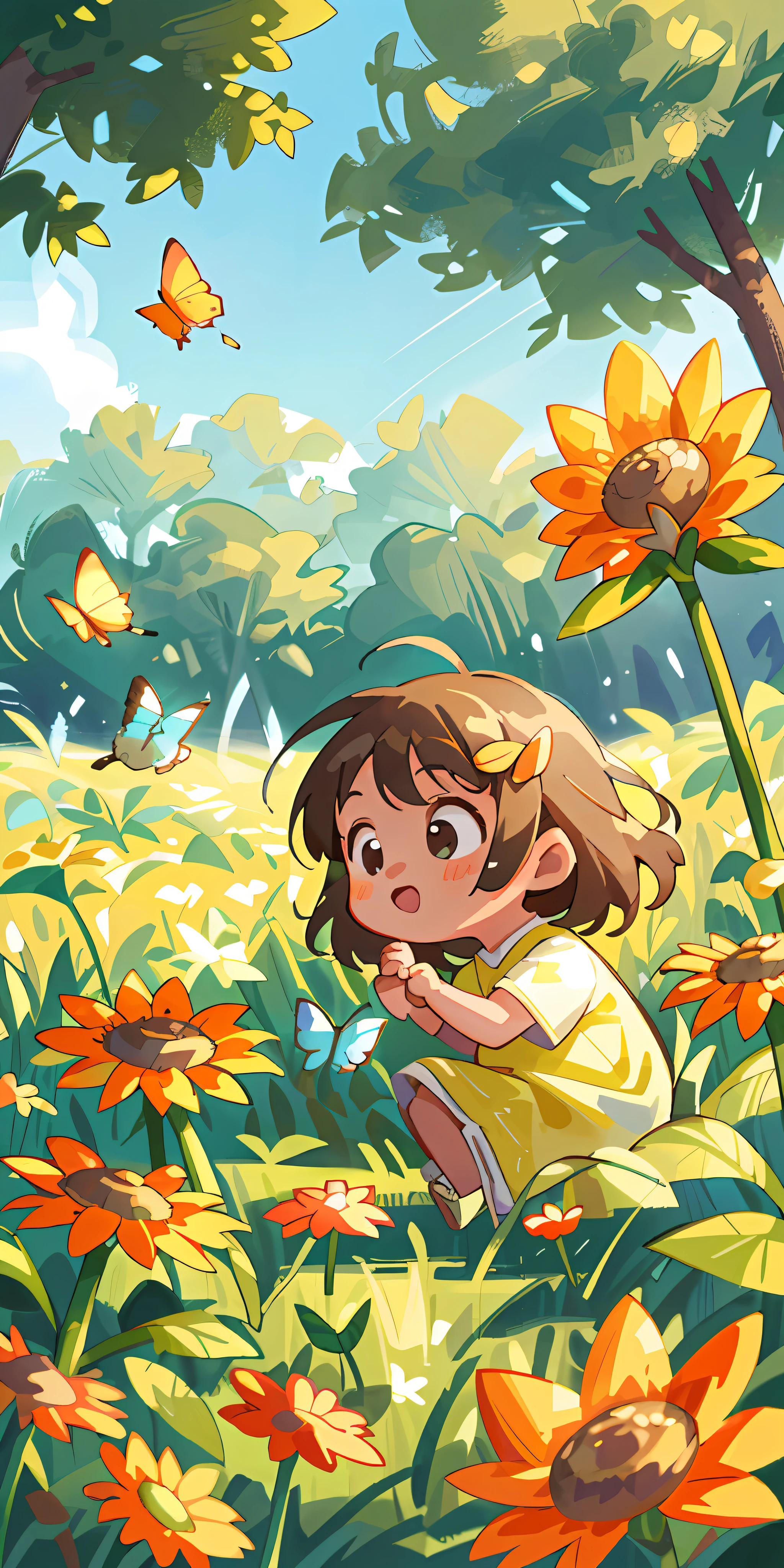 High Detail, Ultra Detail, 8K, Ultra High Resolution A cute and innocent girl, child, toddler, enjoying her time in the open field, surrounded by the beauty of nature, warm sun sprinkling on her, wildflowers gently swaying in the breeze. Butterflies and birds flutter around her, adding to the playful atmosphere,